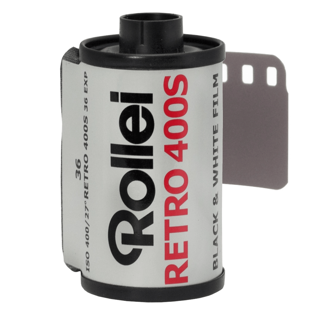 Rollei Retro 400S rollo de película con tapa negra y extremo
