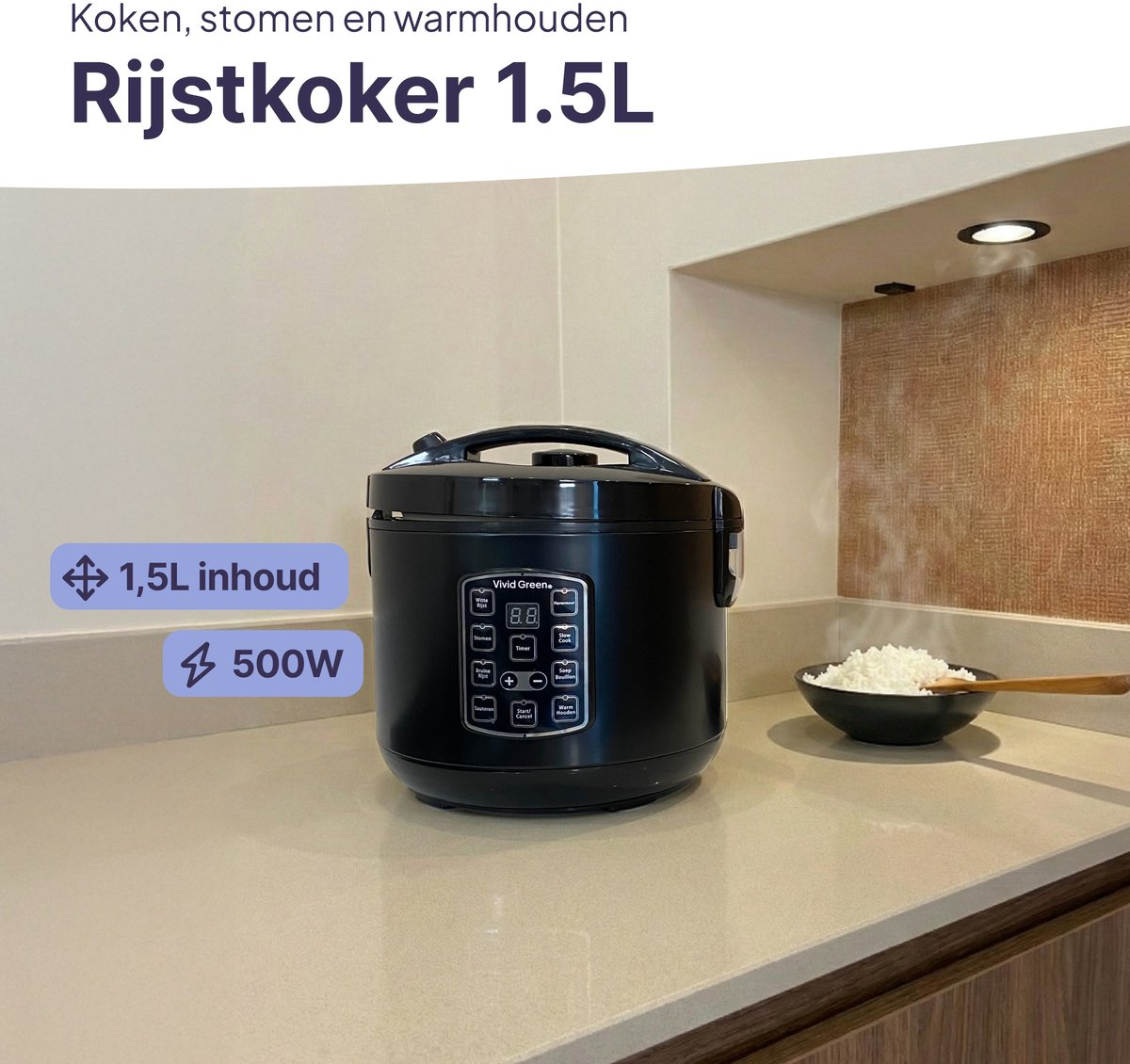 Black rice cooker with 1.5L capacity on a countertop, next to a bowl of rice.