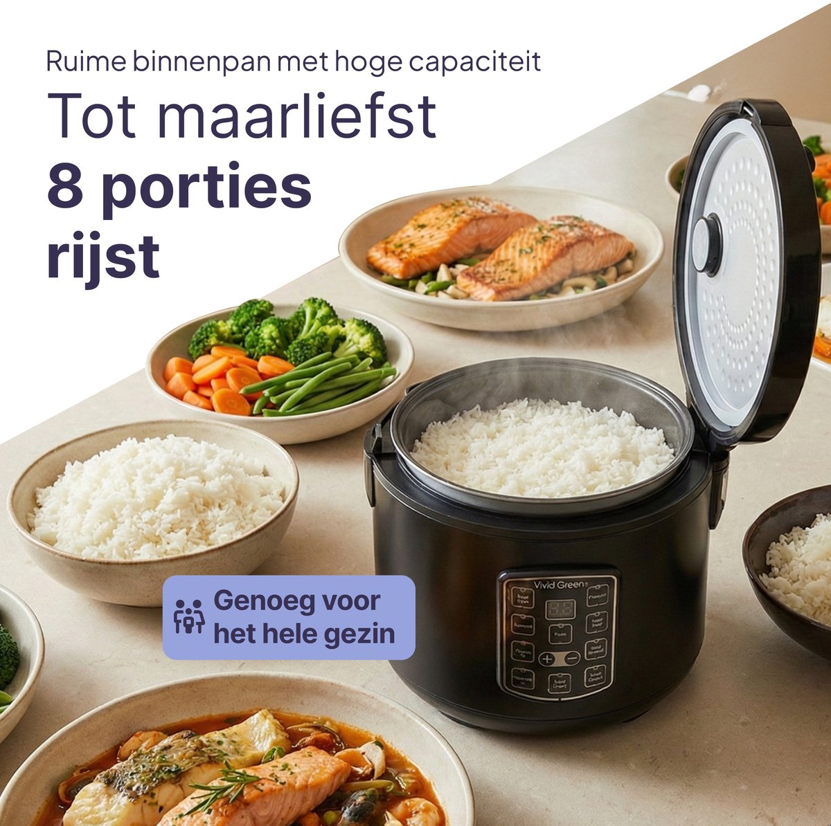 A black rice cooker with steaming rice, beside bowls of salmon, vegetables, and rice.