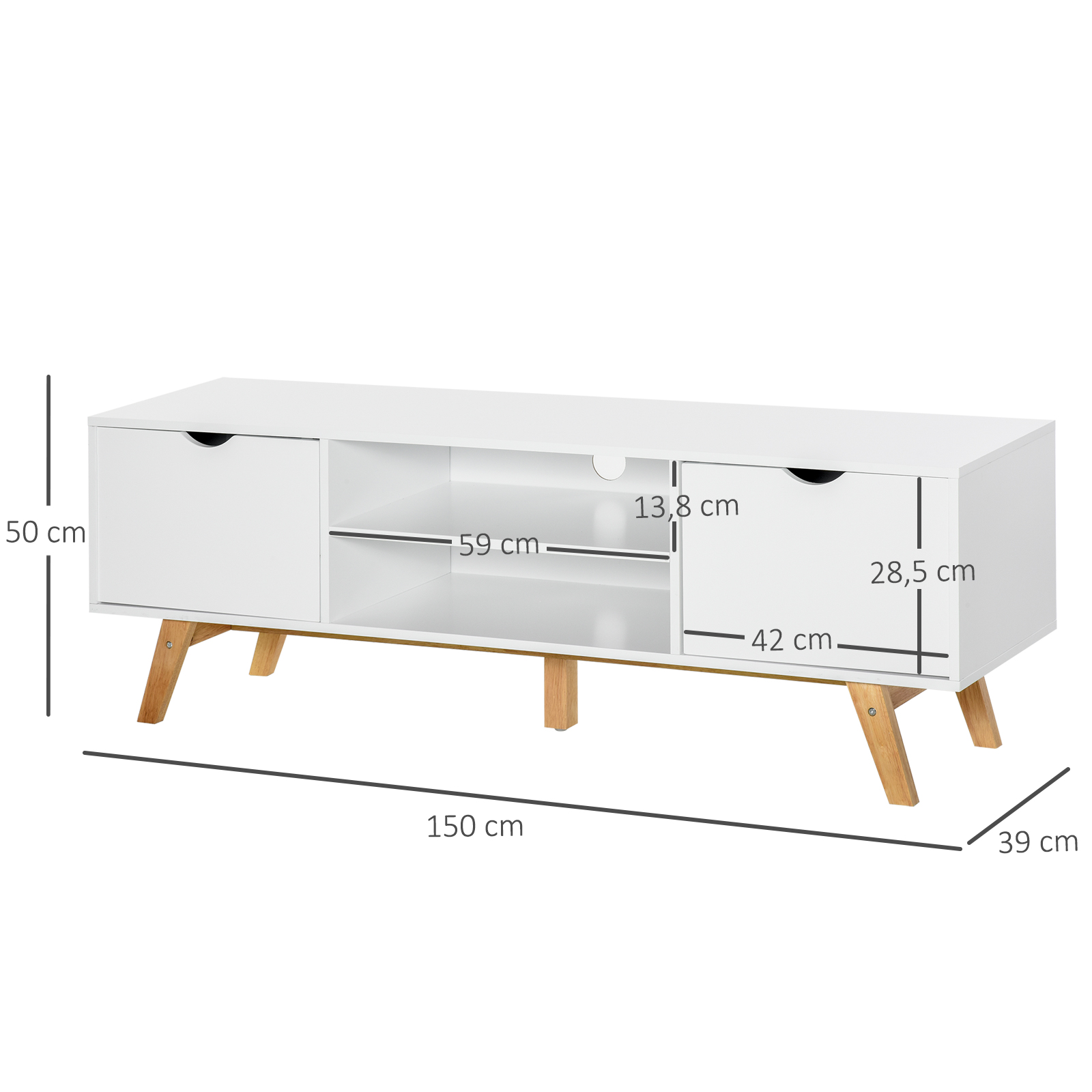 Mueble TV blanco con patas de madera, medidas 150x50x39 cm.