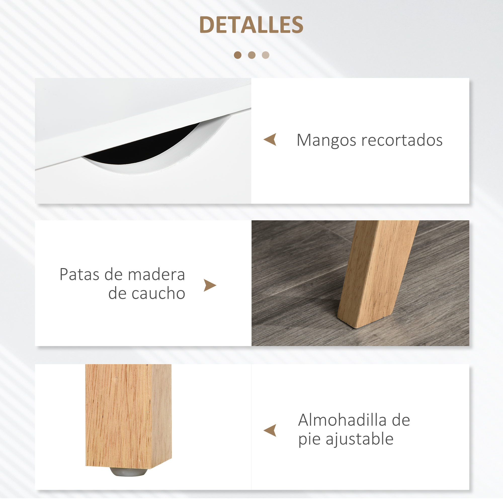 Detalles: Asas empotradas, patas de madera, almohadillas ajustables.