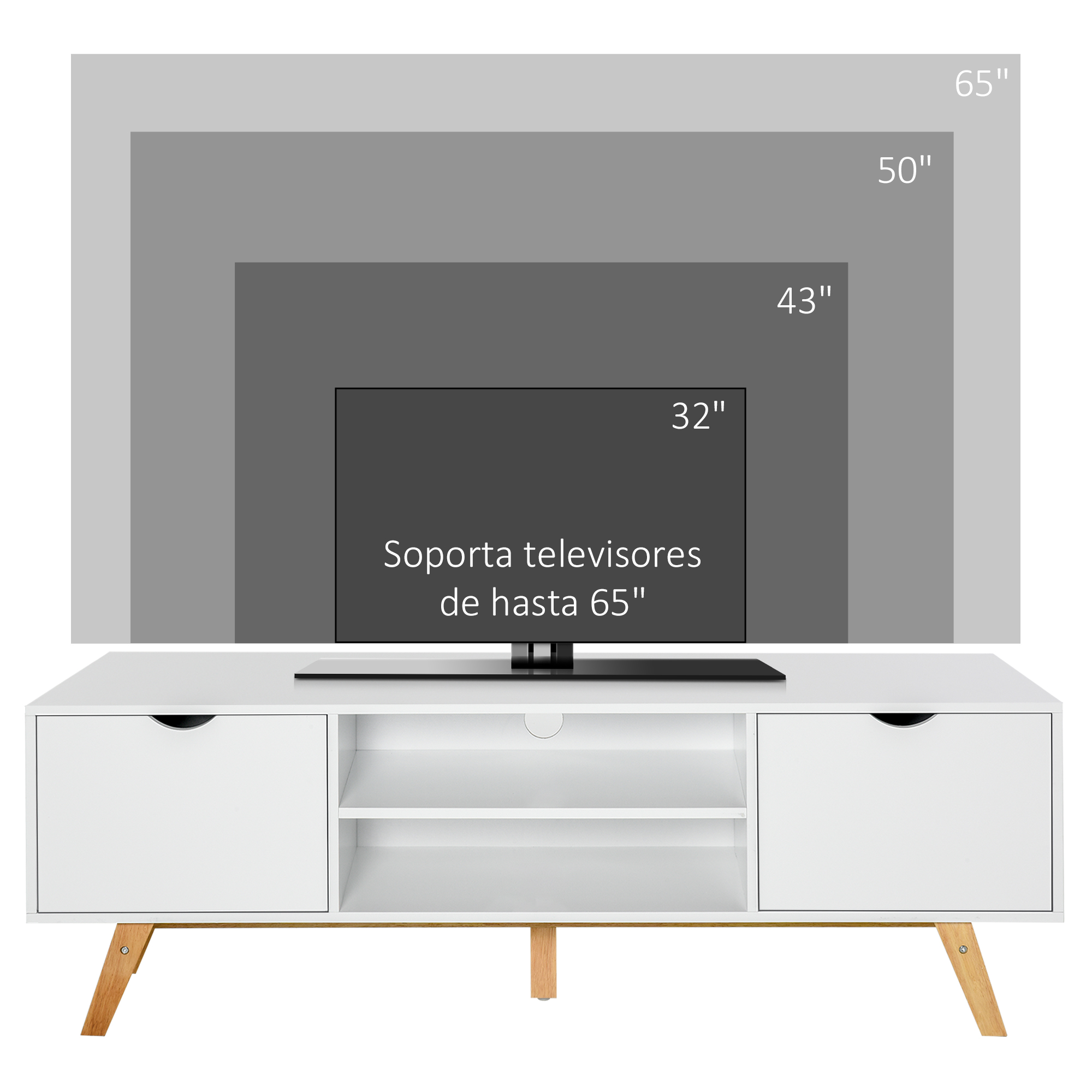 Un mueble de TV blanco con cajones y estantes, con un televisor encima.