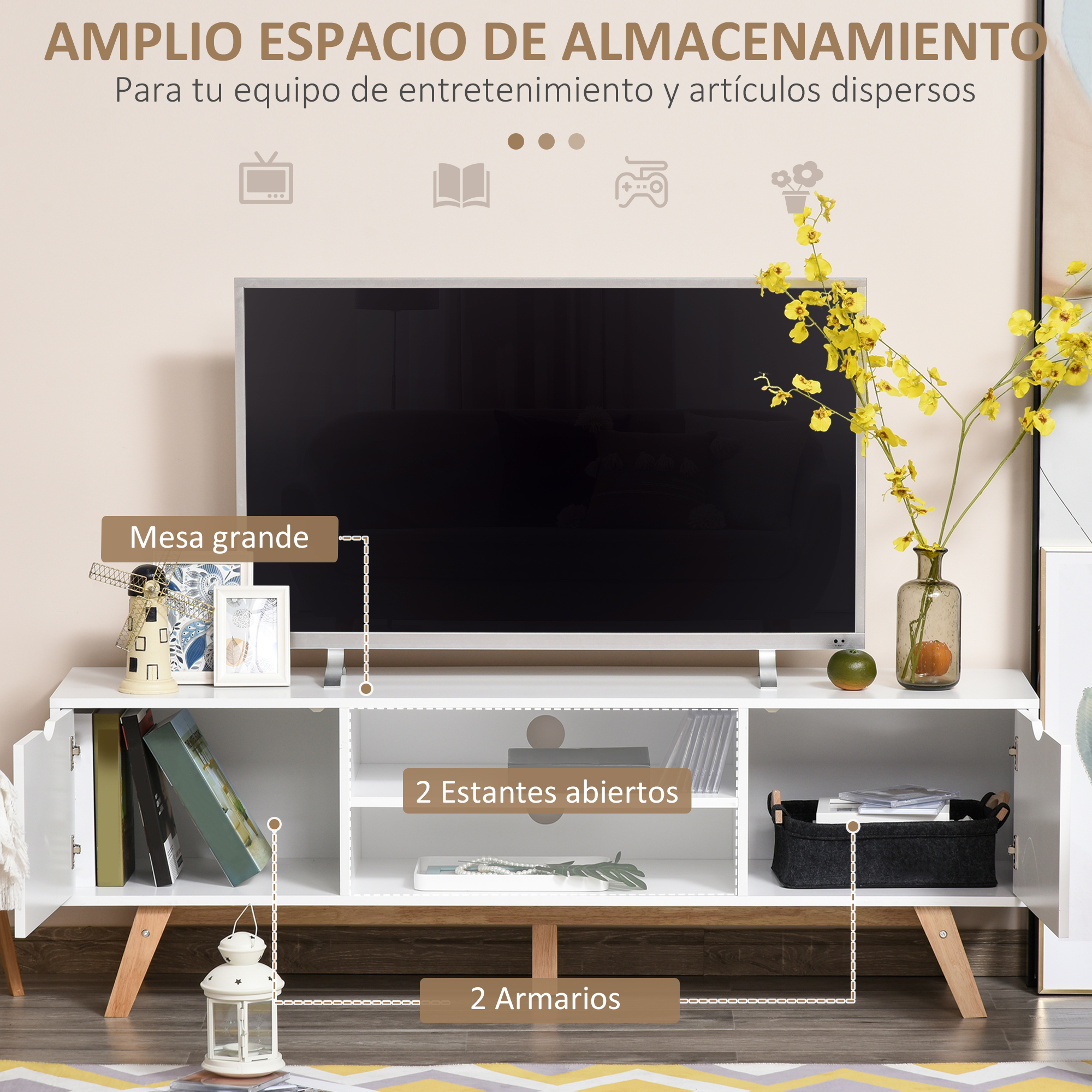 Moderno mueble de TV blanco con estantes abiertos, compartimentos cerrados y patas de madera.