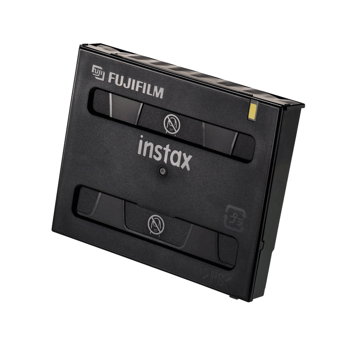 Schwarzer Fujifilm Instax Filmkassettenhalter mit Beschriftung und Fenstern.
