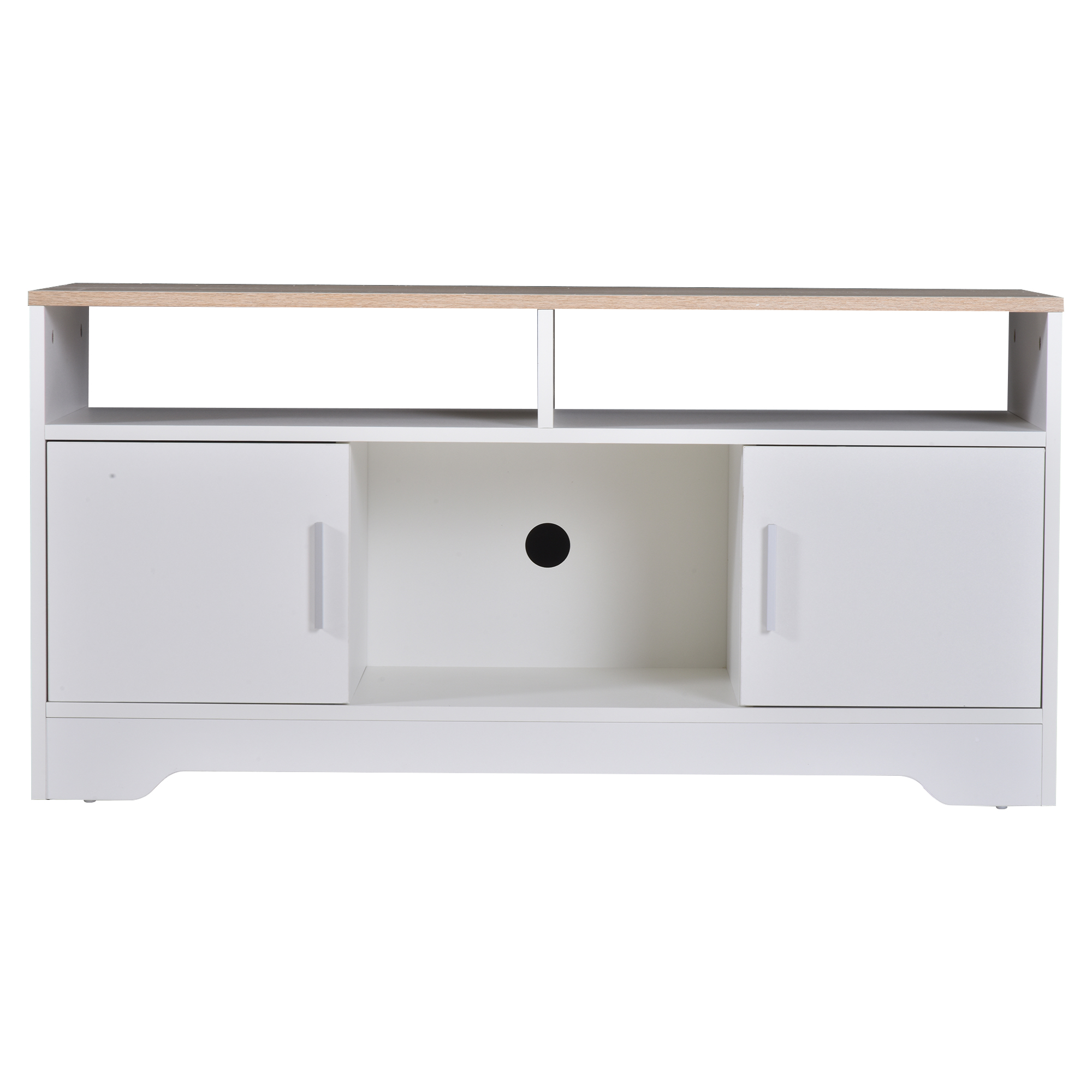 Un mueble de TV blanco con tapa de madera y dos puertas.