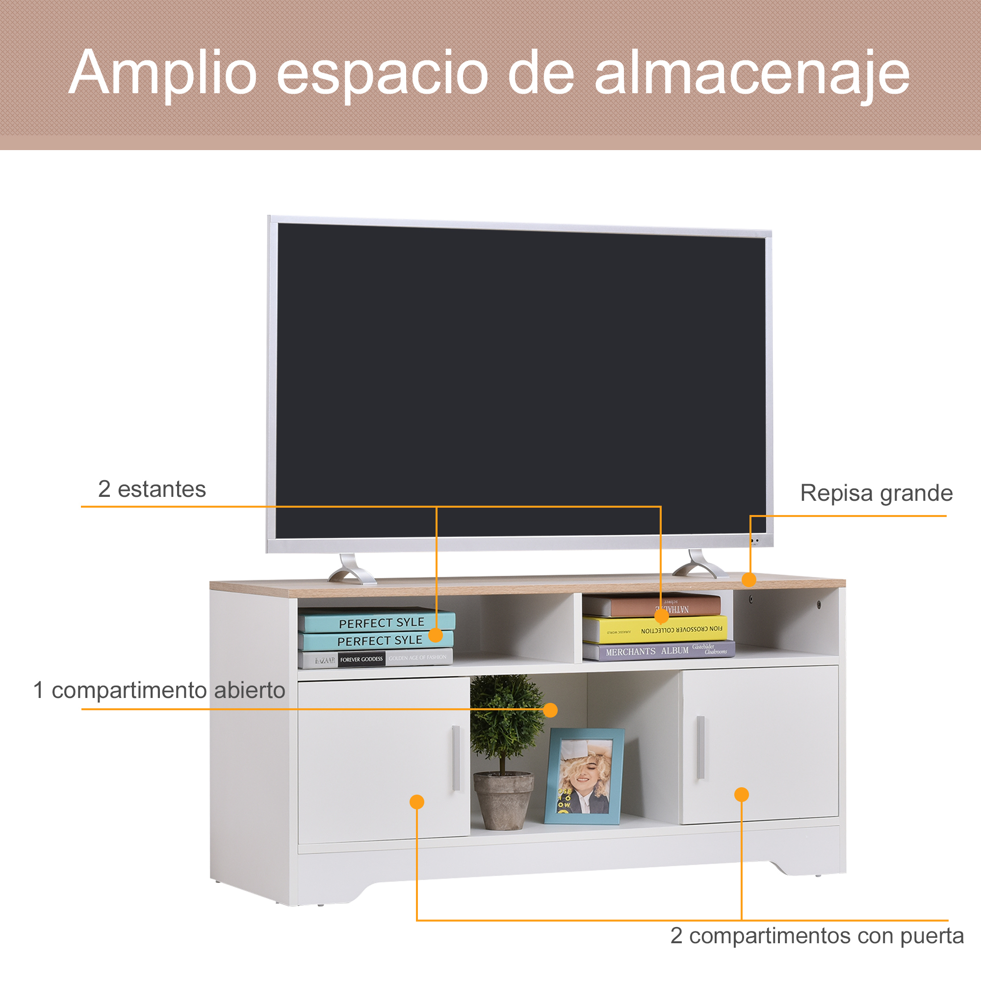 Un mueble de TV blanco con tapa de madera, libros, planta y marco de fotos.