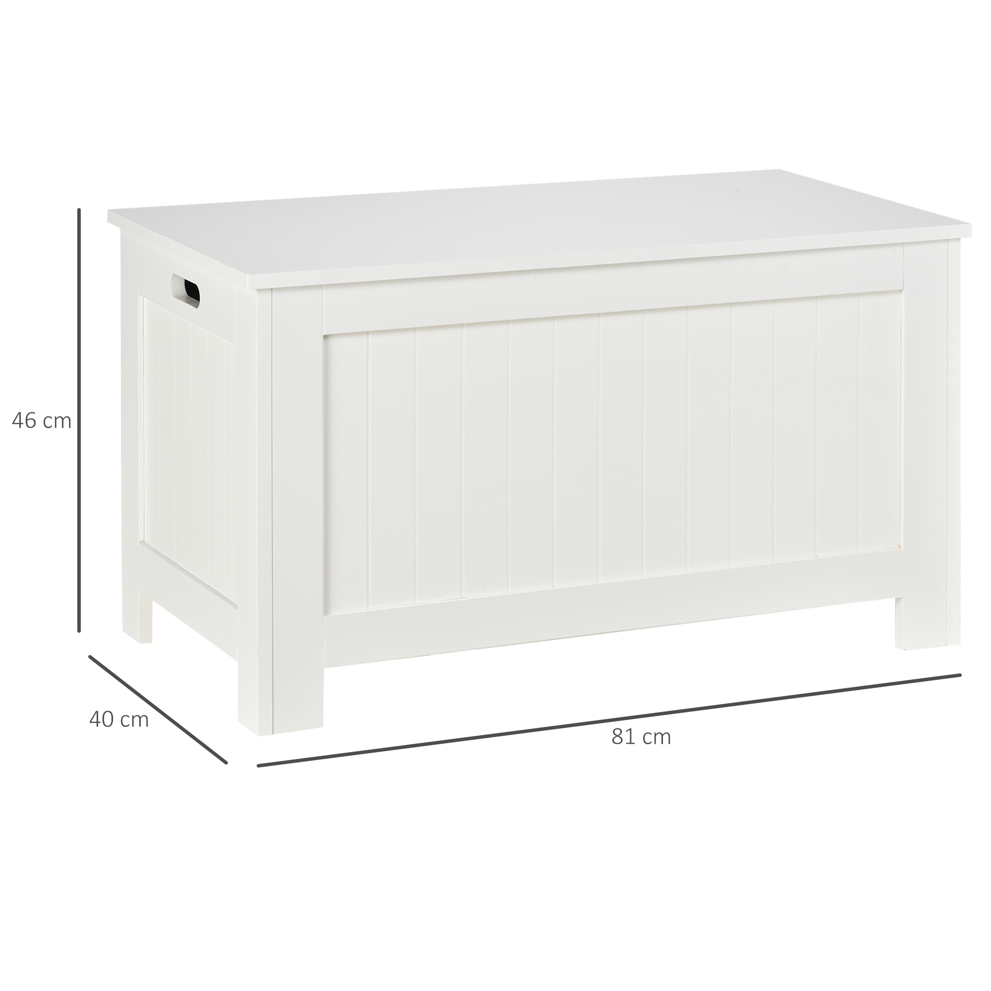 Cofre blanco con paneles verticales y huecos para asas, medidas 81x40x46cm.