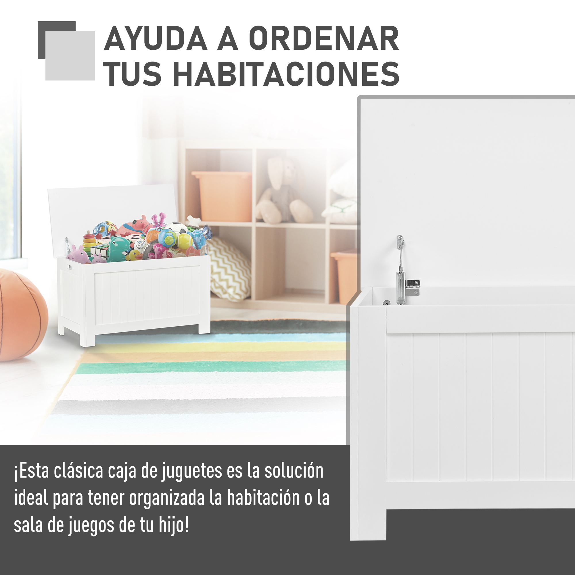 Caja de juguetes blanca llena de juguetes coloridos, junto a un balón.