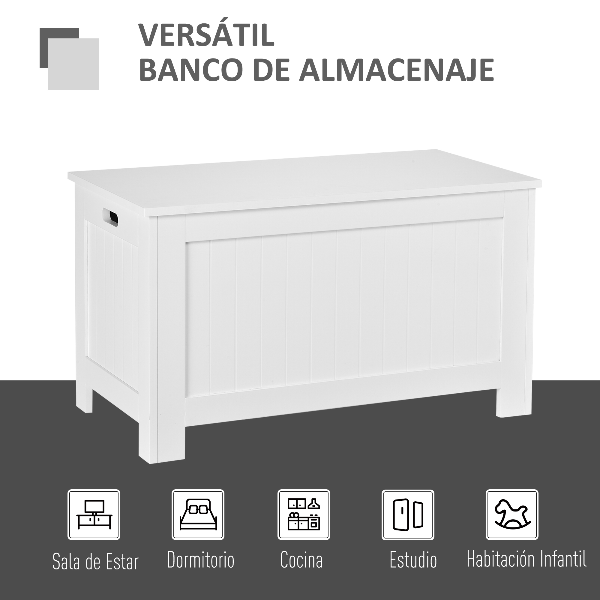 Un banco de almacenamiento blanco con asas en los lados.