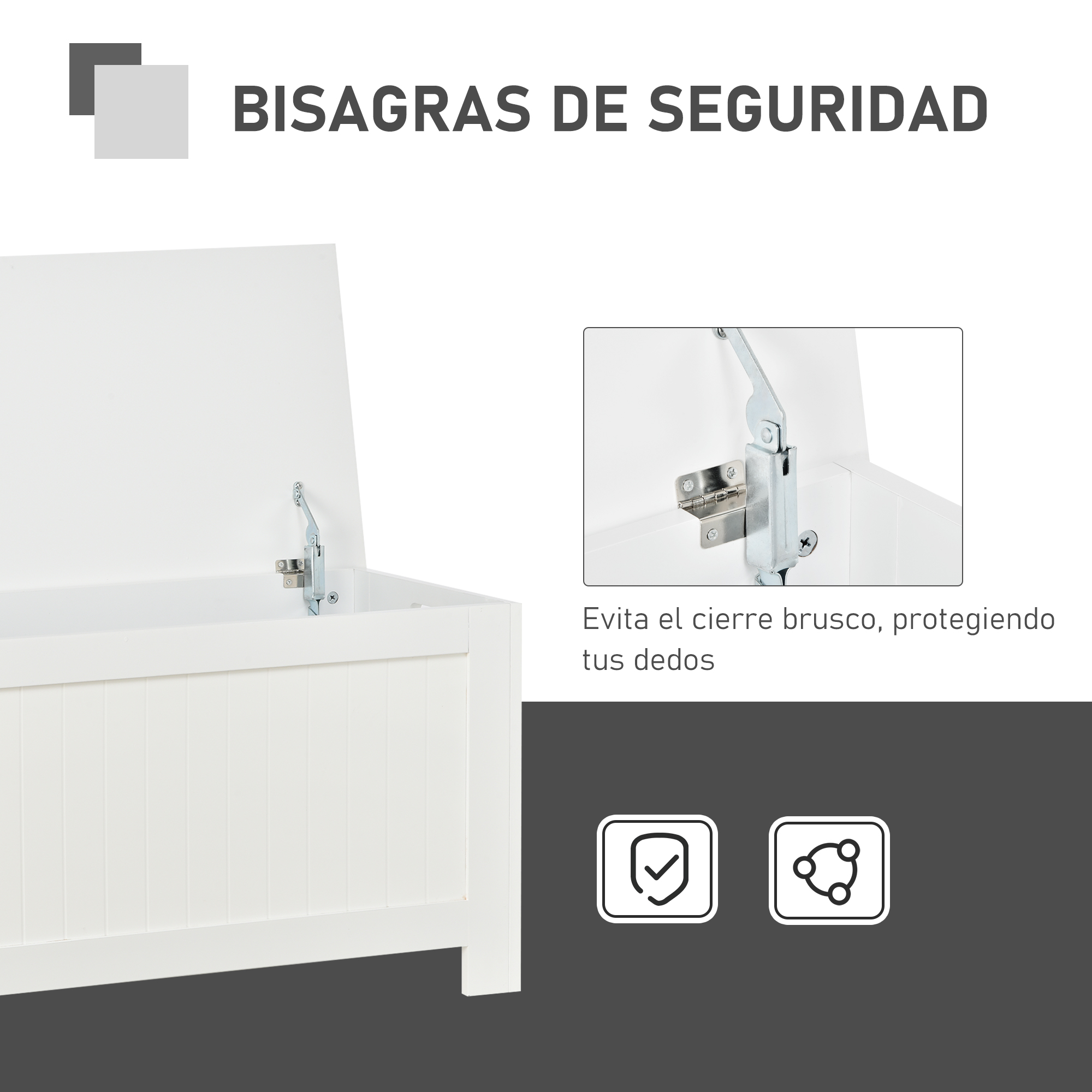 Cofre blanco con tapa abierta, detalle de bisagra. Protege de pellizcos.