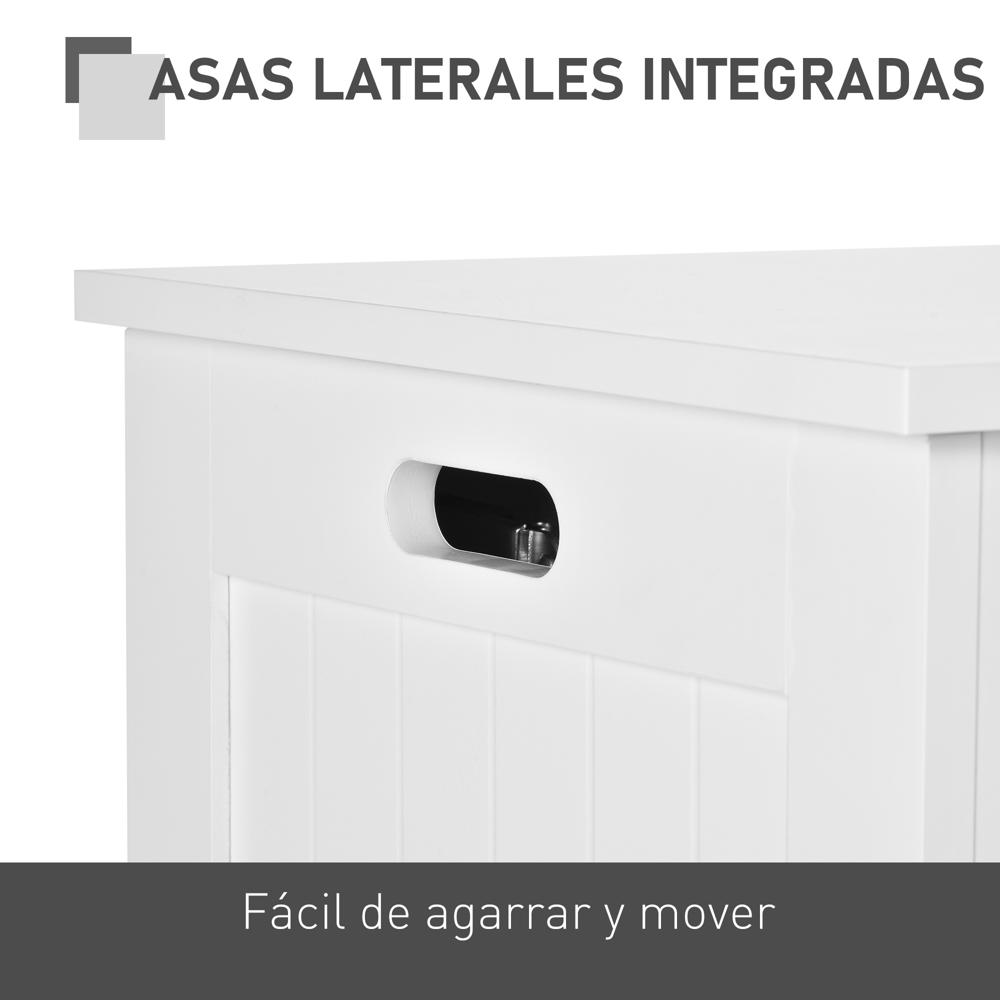 Cofre blanco con orificio lateral para el asa y paneles verticales.