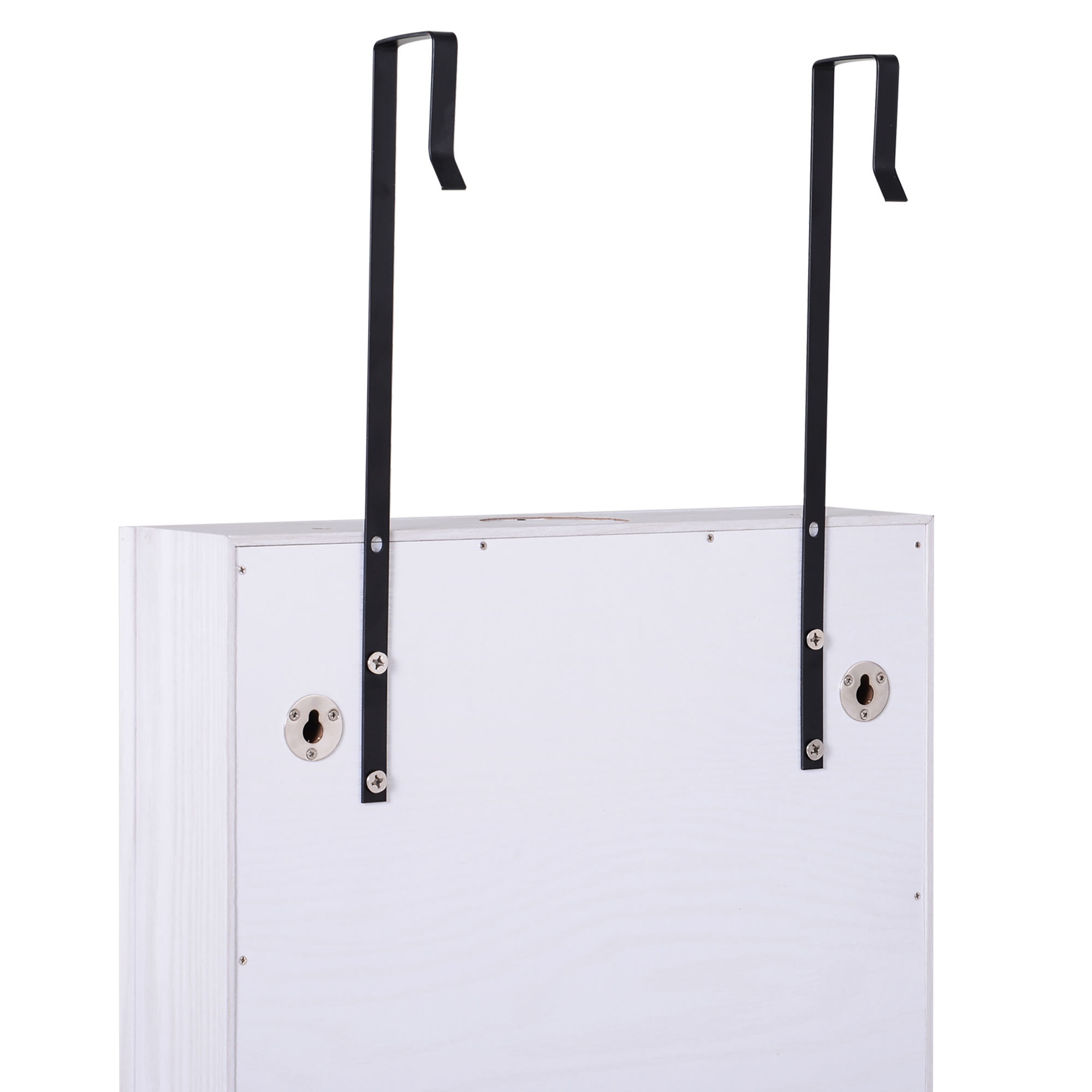 Gabinete blanco con ganchos negros de metal para colgar sobre puertas, fijados arriba.