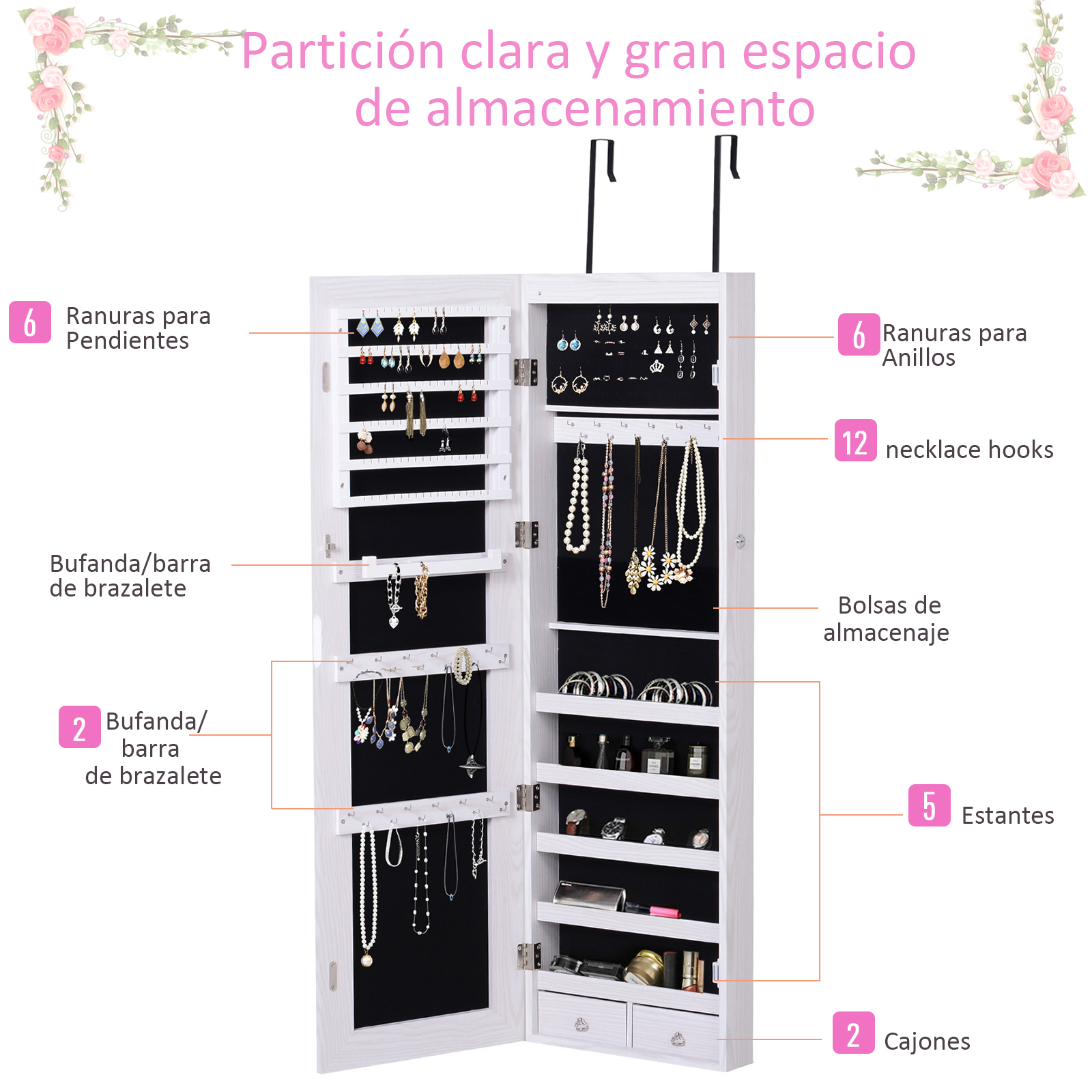 Un armario de joyería blanco abierto con muchos compartimentos para pendientes, collares y pulseras.