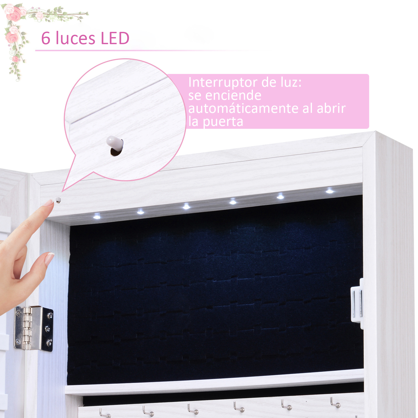 Un dedo toca un interruptor de luz en una puerta de armario de madera blanca con luces LED.