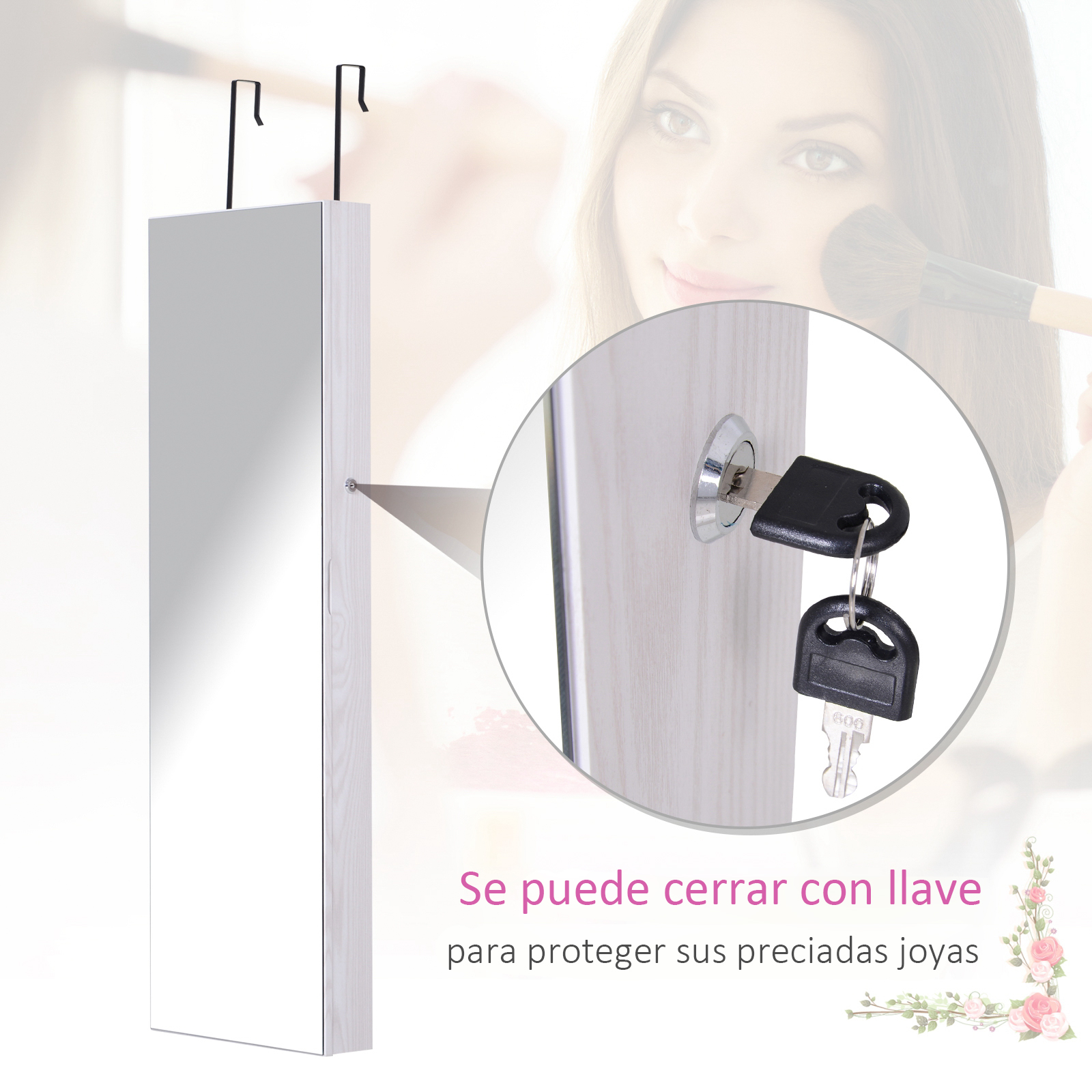Armario blanco con espejo y ganchos, llave en la cerradura. Mujer al fondo.