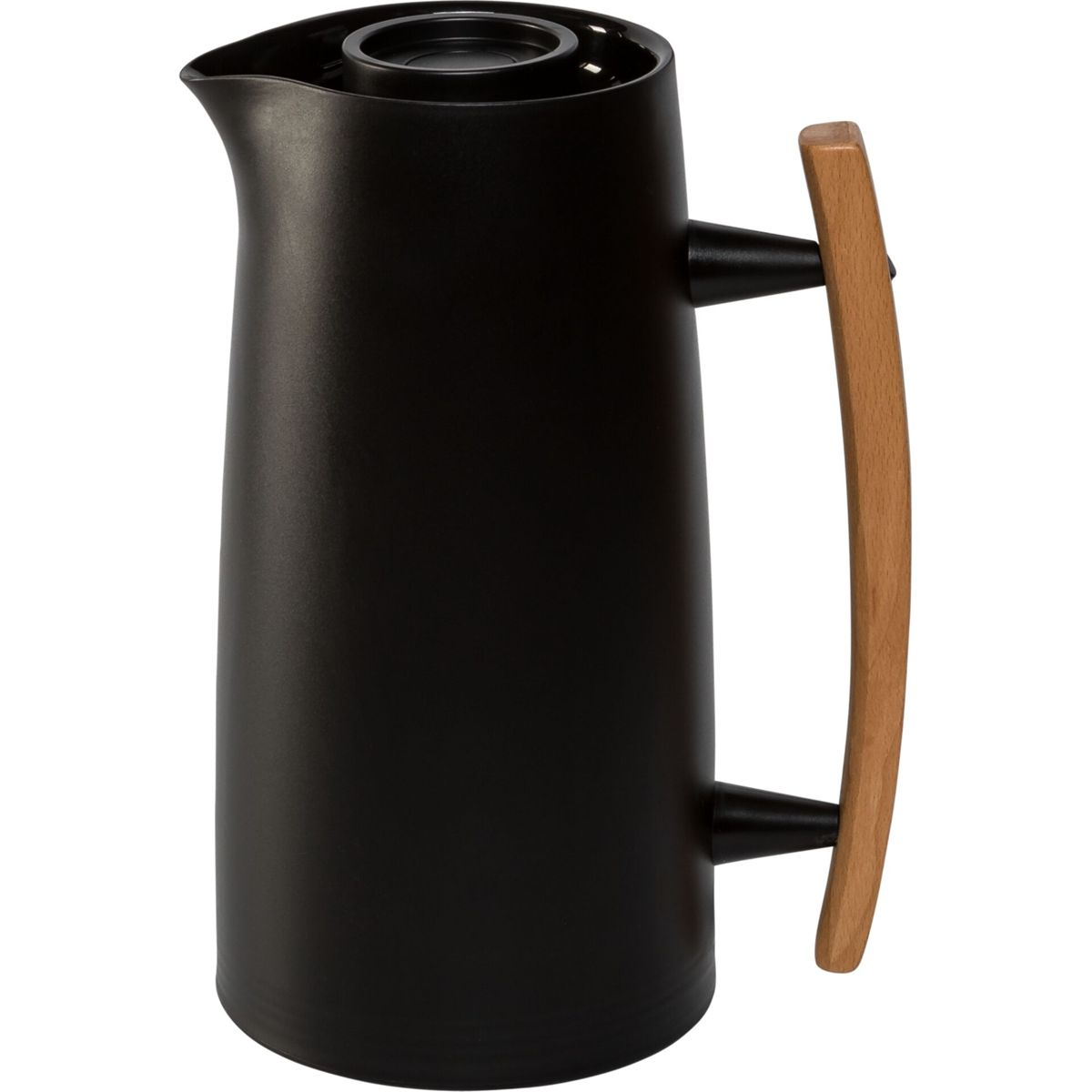 Eine mattschwarze Thermoskanne mit geschwungenem Holzgriff und schwarzem Deckel.