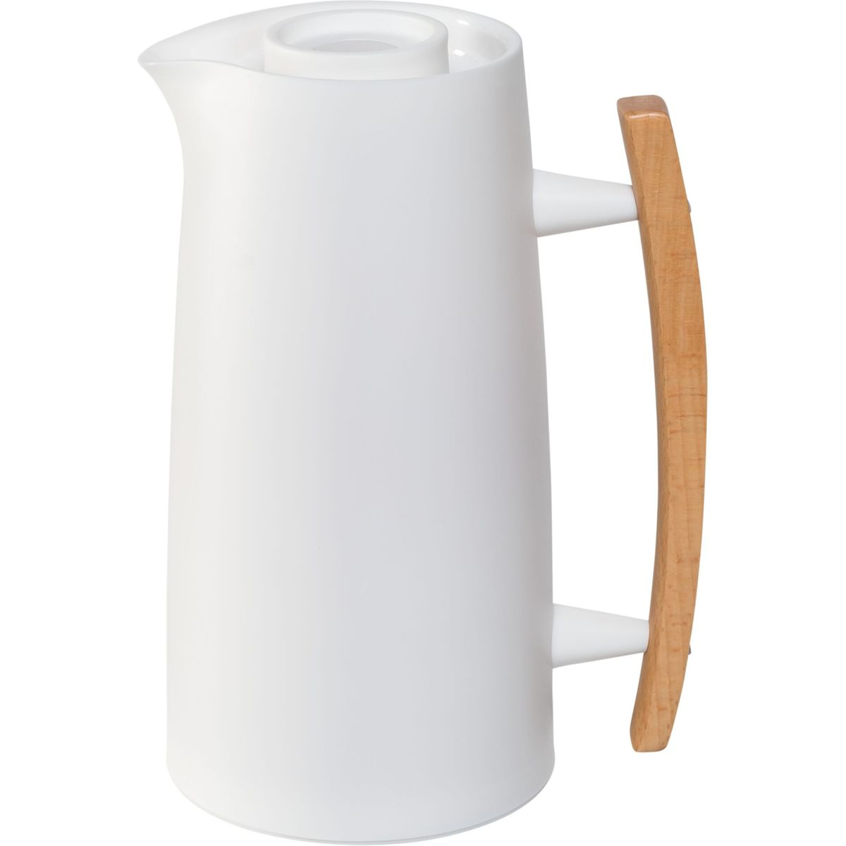 Eine weiße Thermoskanne mit Holzgriff.