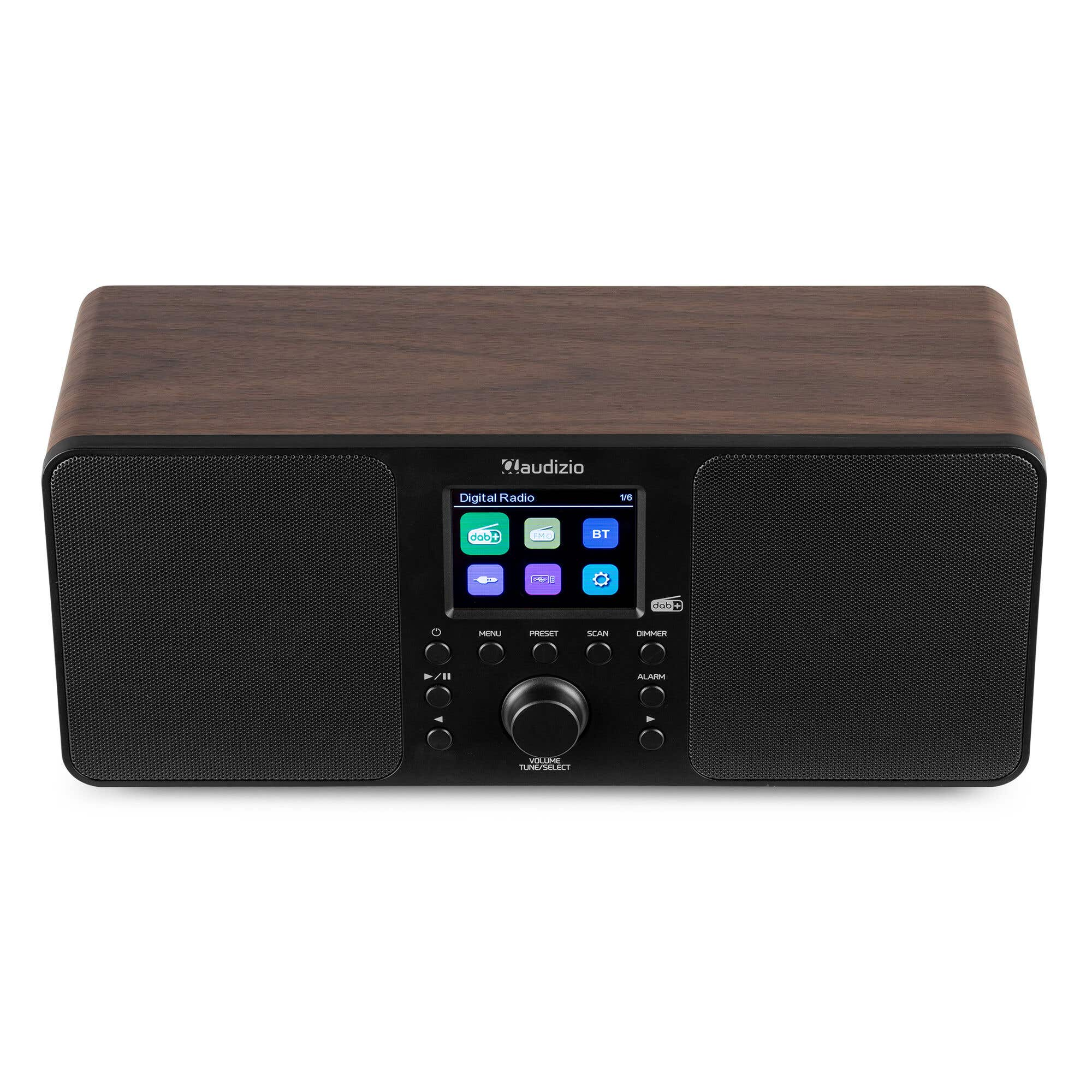 Ein Holzmaser-Digitalradio mit schwarzem Gitter und Farbdisplay.
