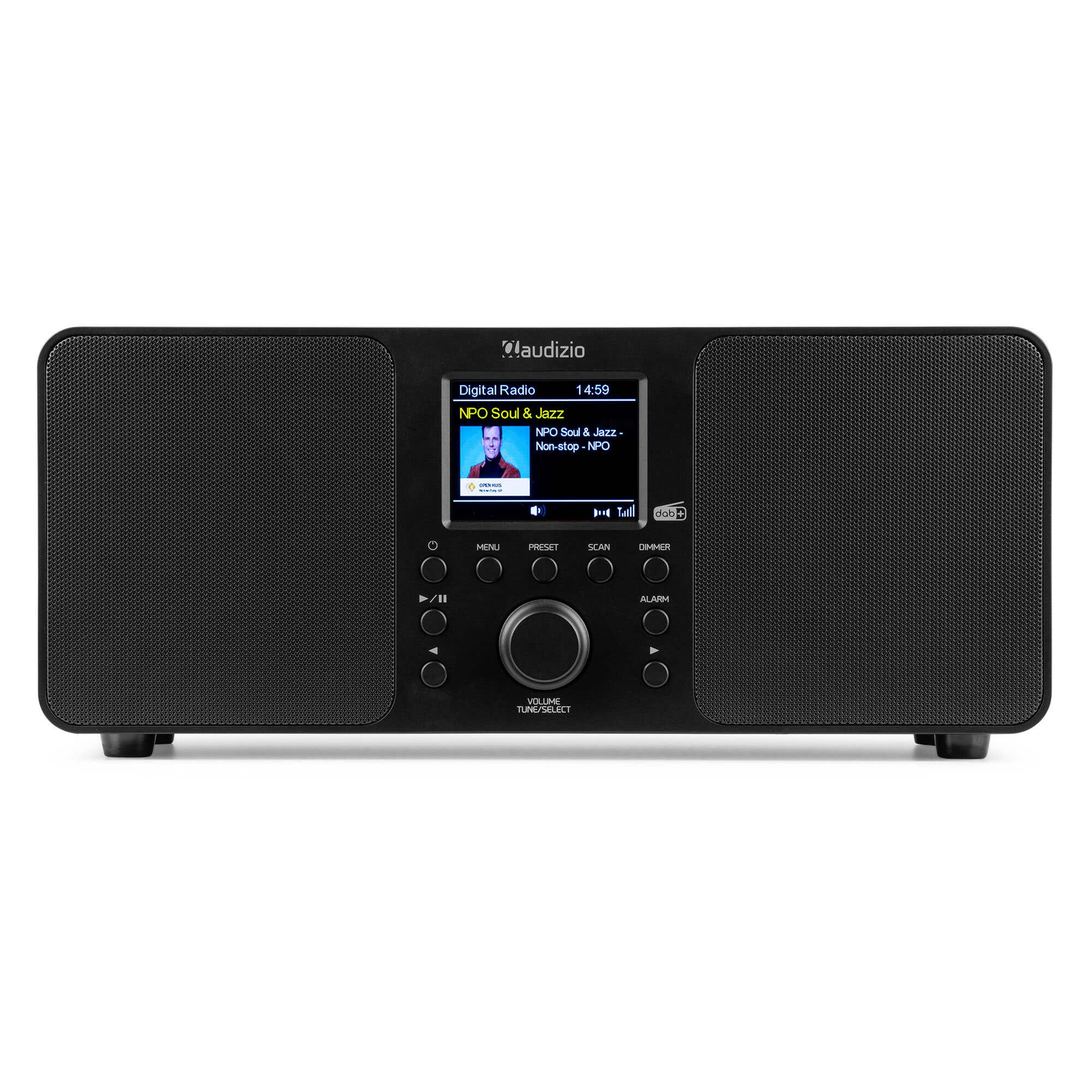 Ein schwarzes Audizio Digitalradio mit Lautsprechern und einem Display.