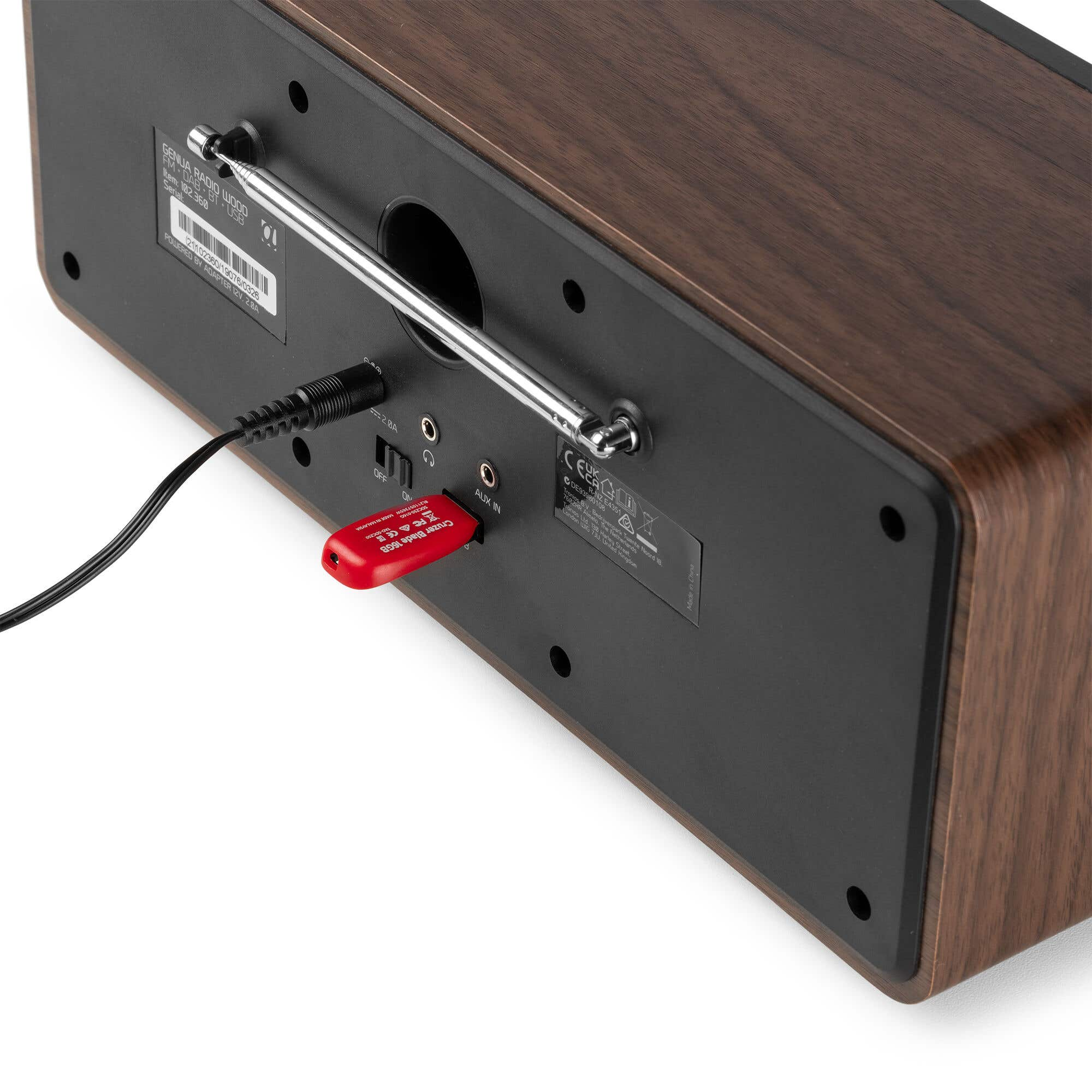Rückseite eines Holzradios mit Anschlüssen, Antenne und eingestecktem rotem USB-Stick.