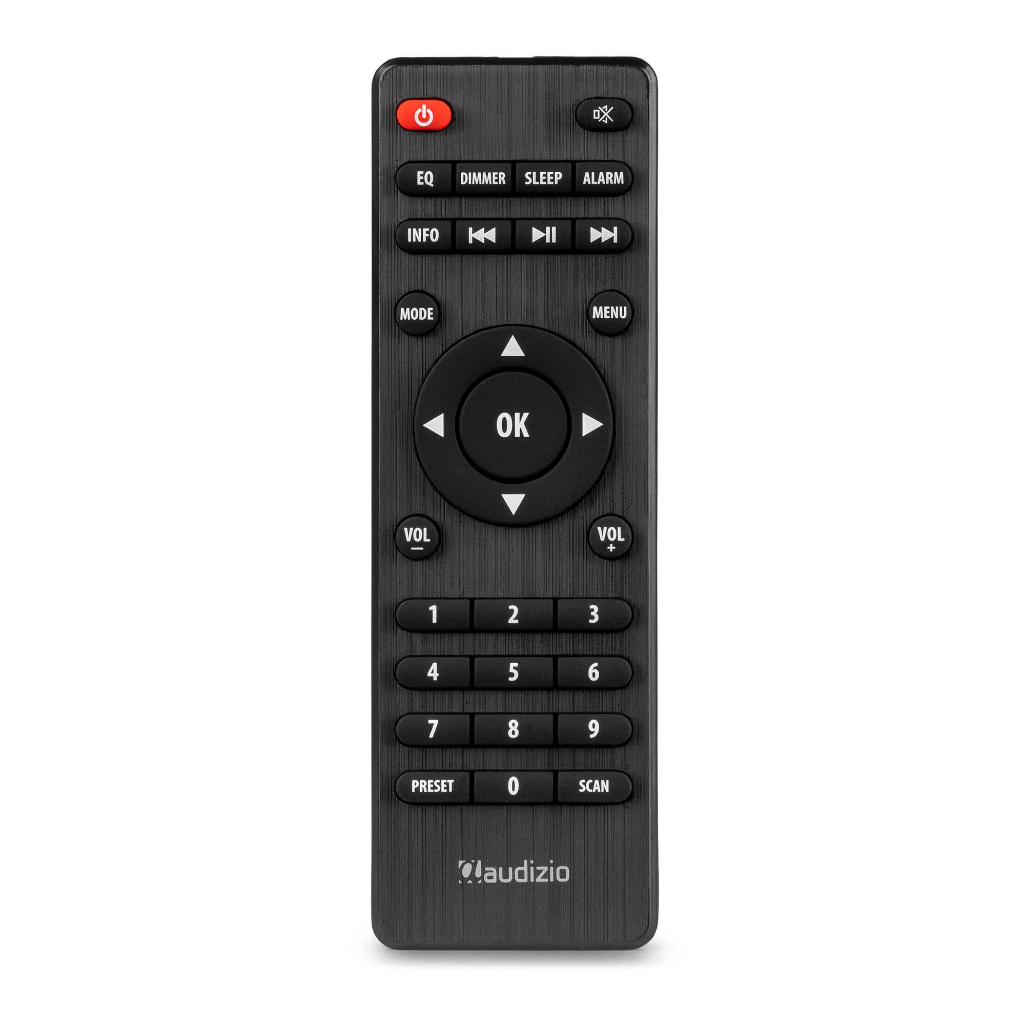 Eine schwarze Fernbedienung mit Tasten für Strom, EQ, Dimmer, Sleep, Alarm, Info, Modus, Menü, OK, Lautstärke und Zahlen.