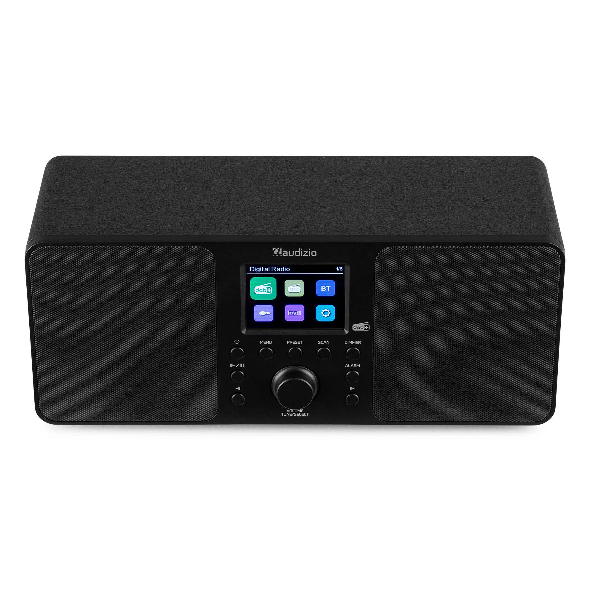 Schwarzes Digitalradio mit Farbdisplay und Bedienelementen.