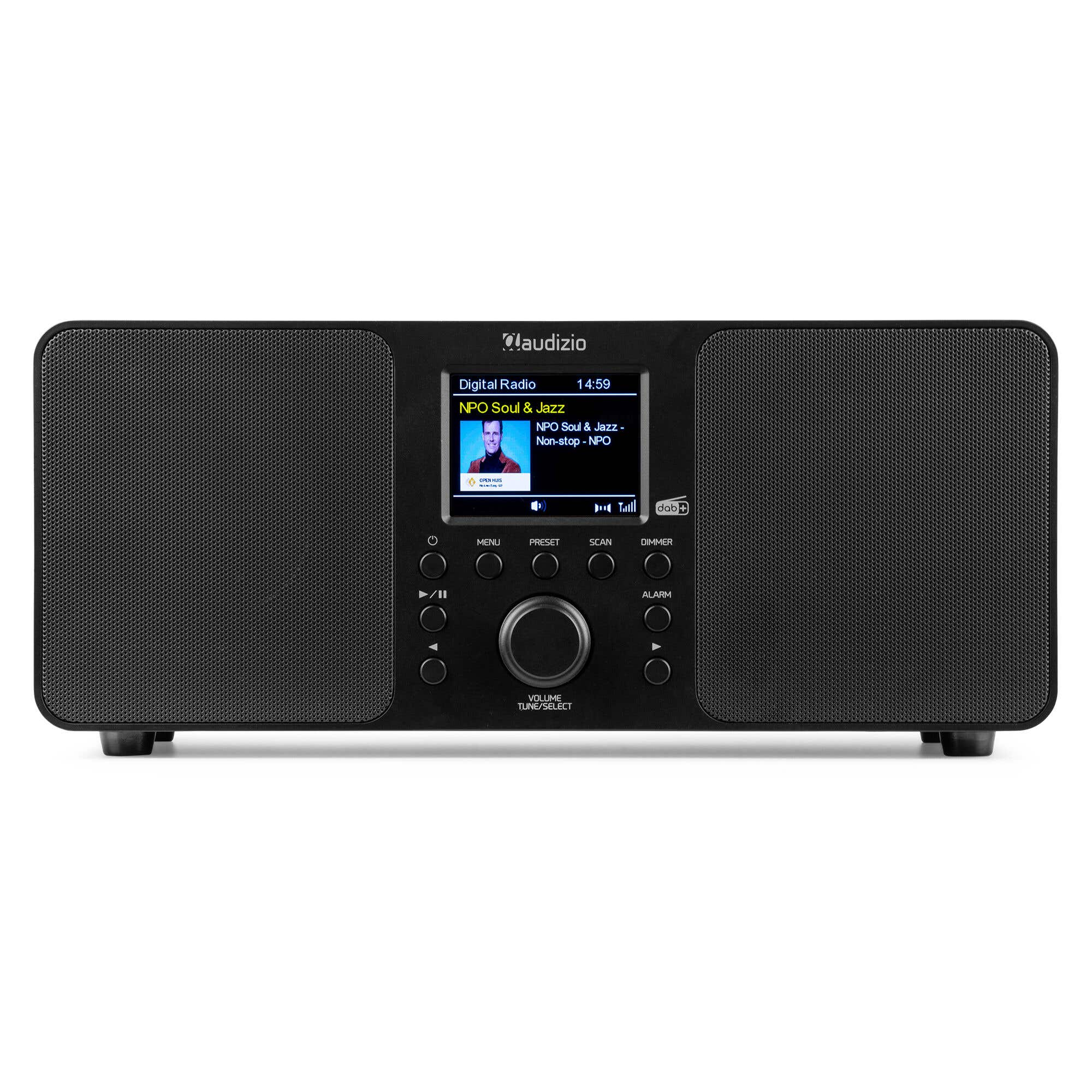 Ein schwarzes digitales Radio mit Lautsprechern, Bildschirm und Bedienelementen.
