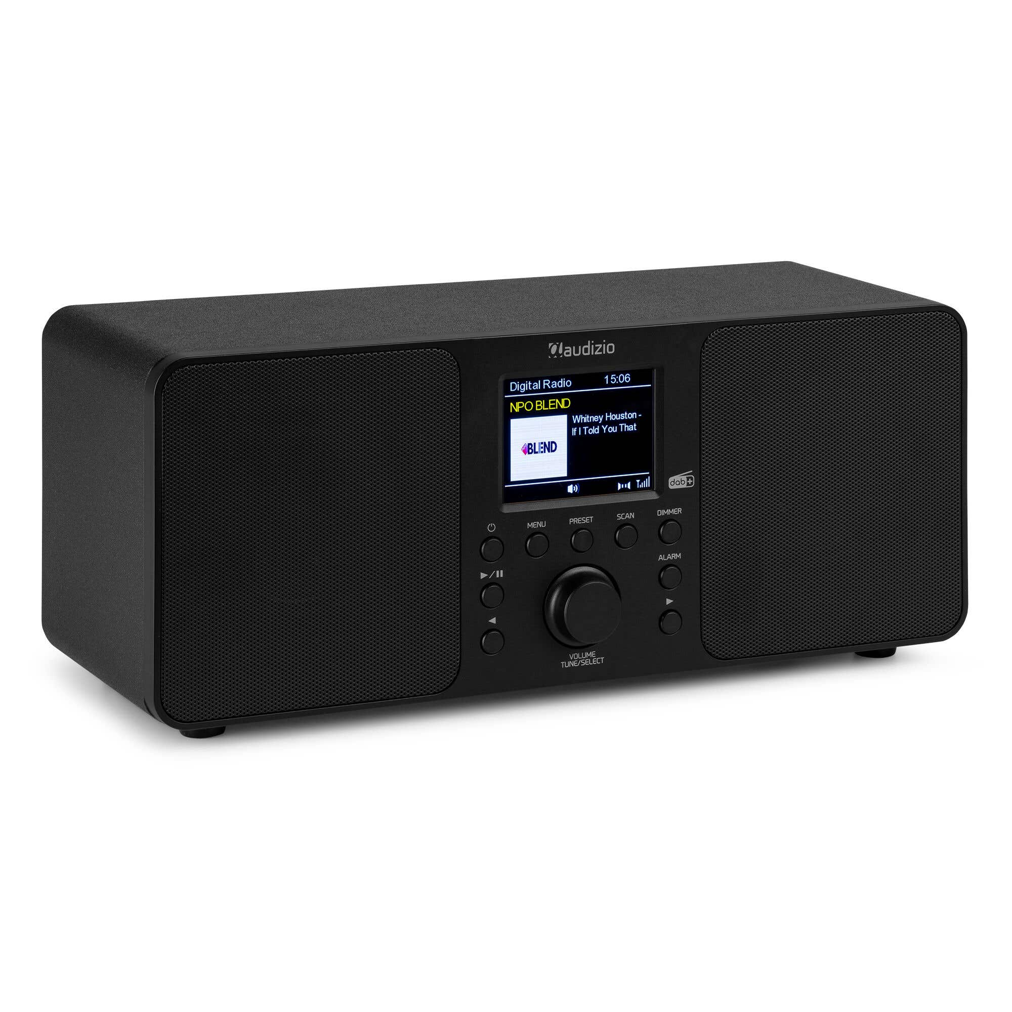Ein schwarzer Digitalradio mit Lautsprechern, Bildschirm und Bedienelementen.