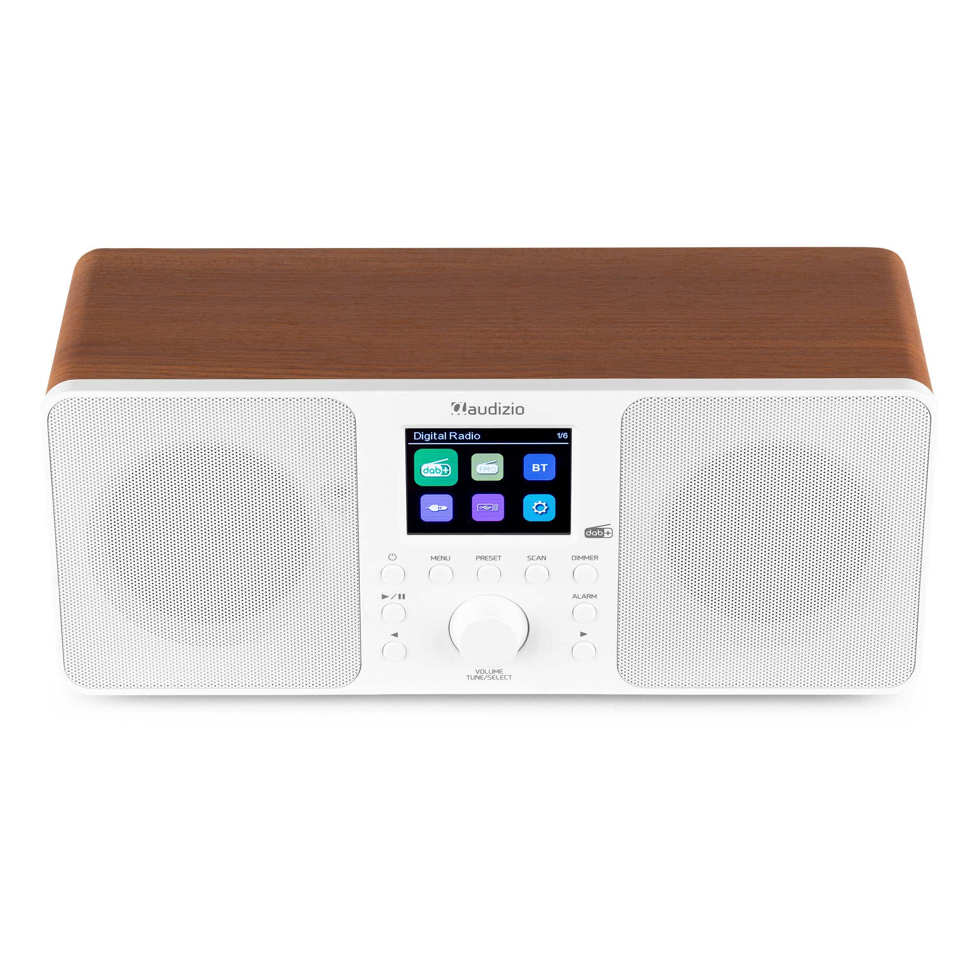 Digitalradio mit Holzoberseite, weißem Gehäuse und LCD-Bildschirm.