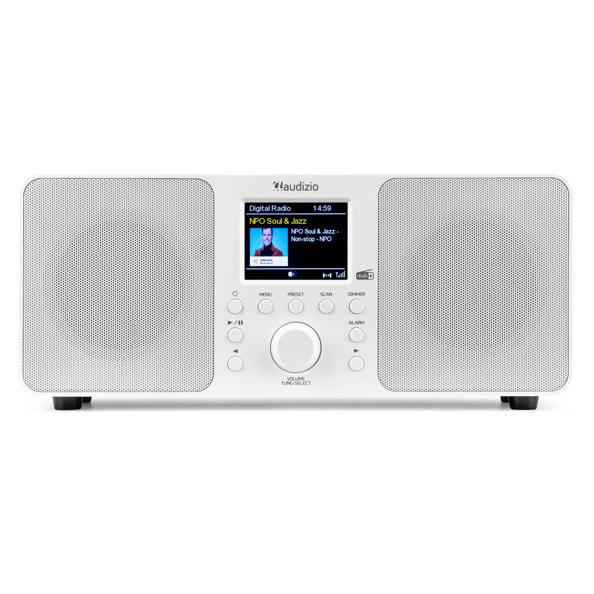 Weißes digitales Radio mit Bildschirm, Lautsprechern und Bedienelementen.