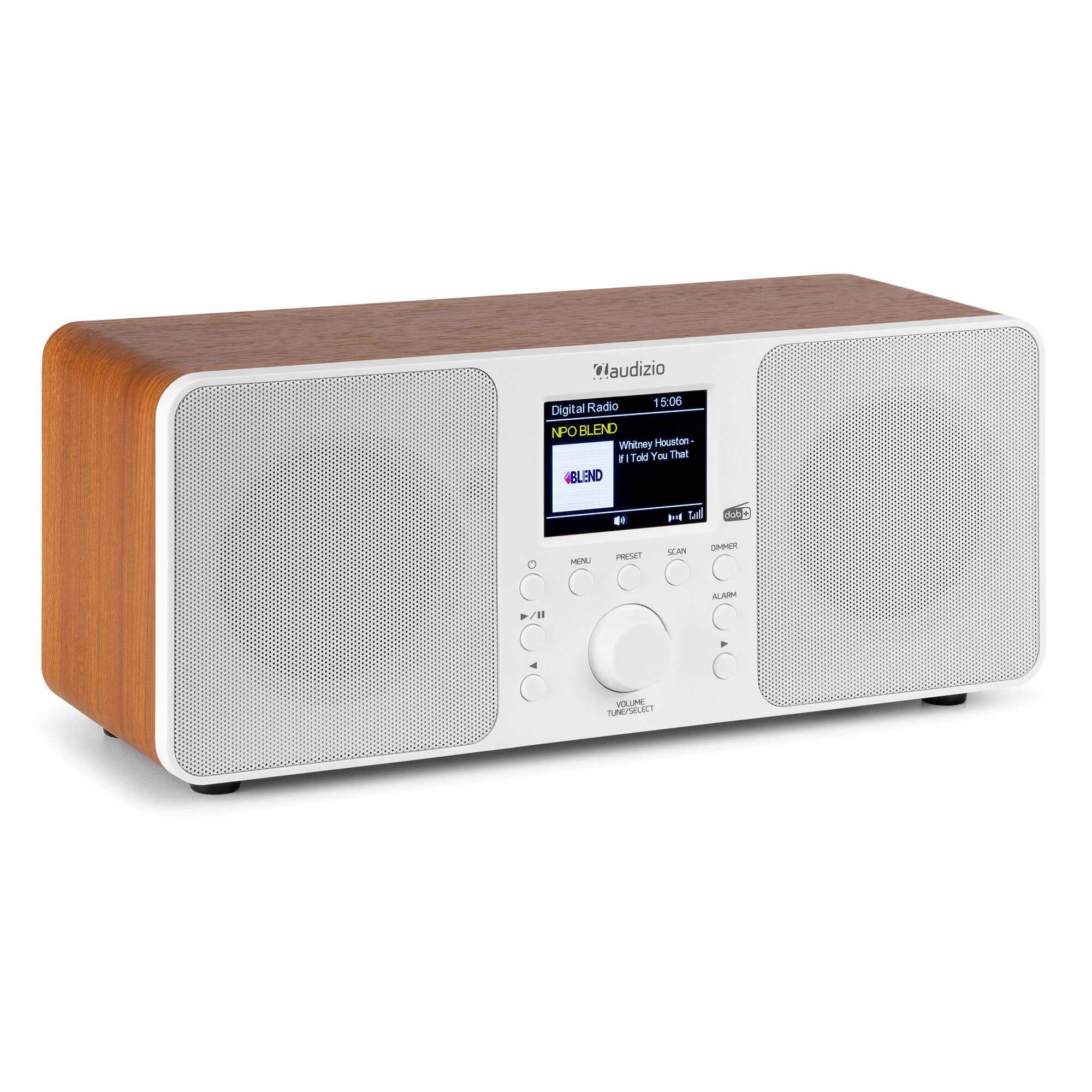 Ein Holz- und weißer Digitalradio mit Bildschirm und Knöpfen.