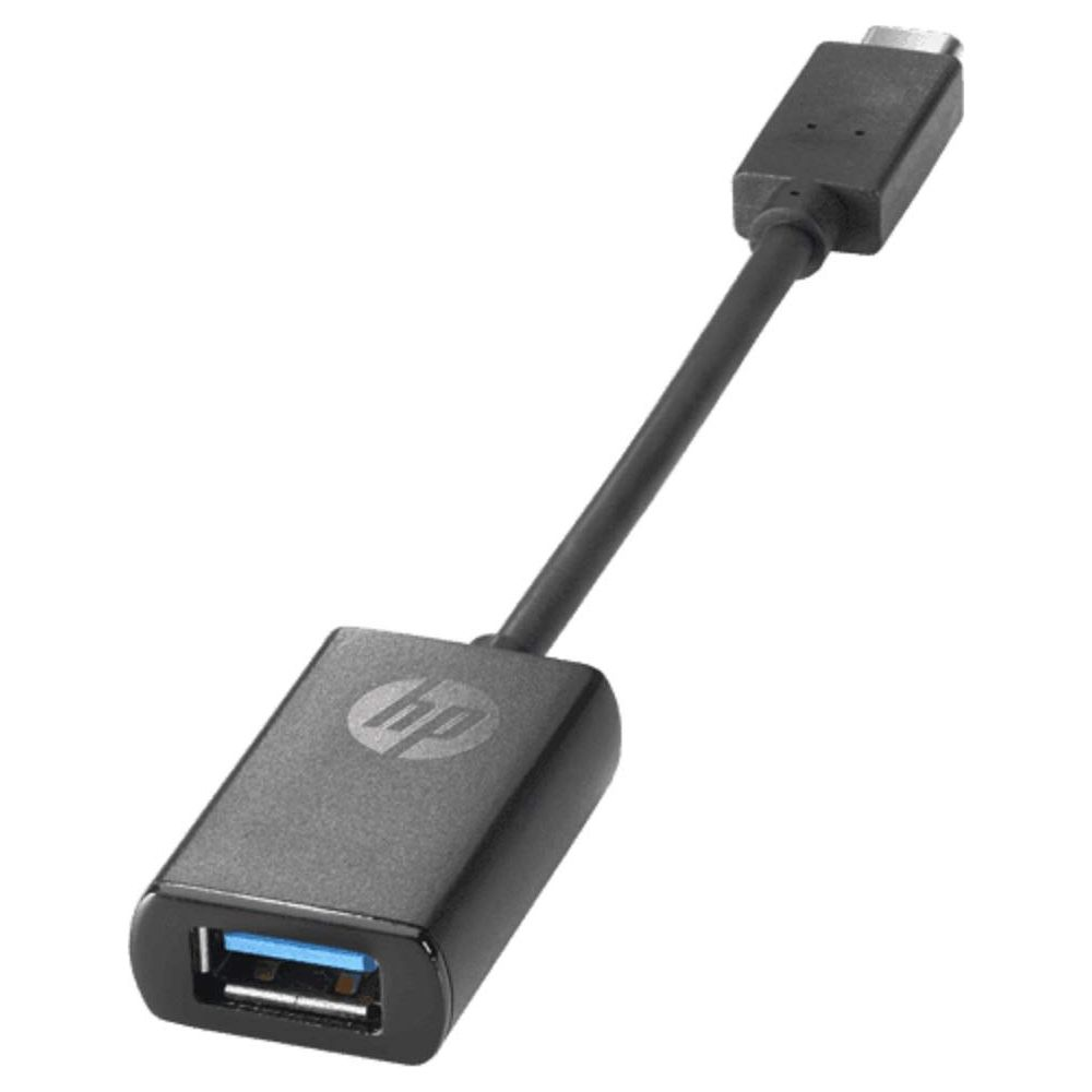 Ein schwarzer HP USB-C-Adapter mit einem USB-A-Anschluss und einem USB-C-Stecker.