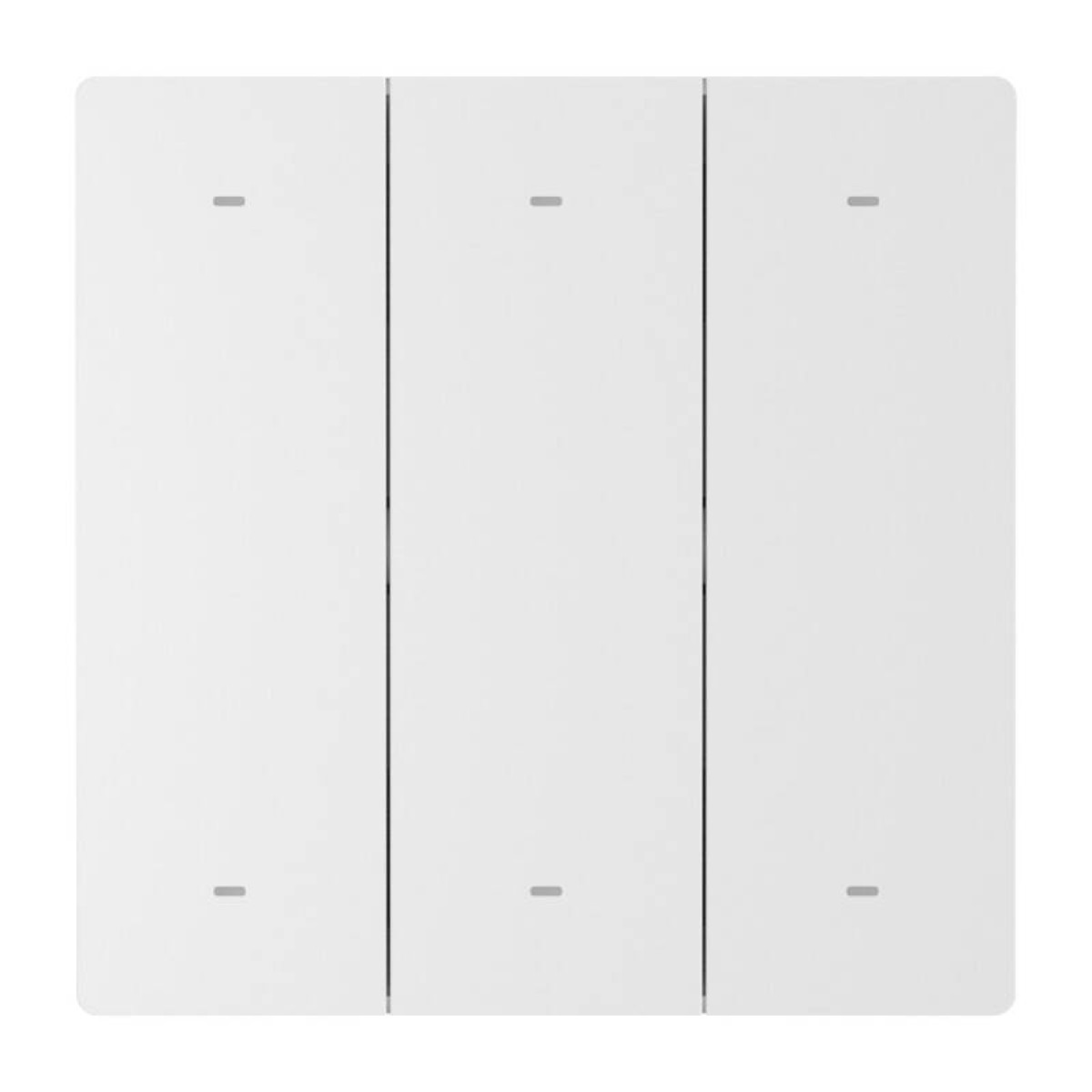 Biała płyta ścienna z trzema pionowymi przełącznikami, każdy z małą szarą linią.
