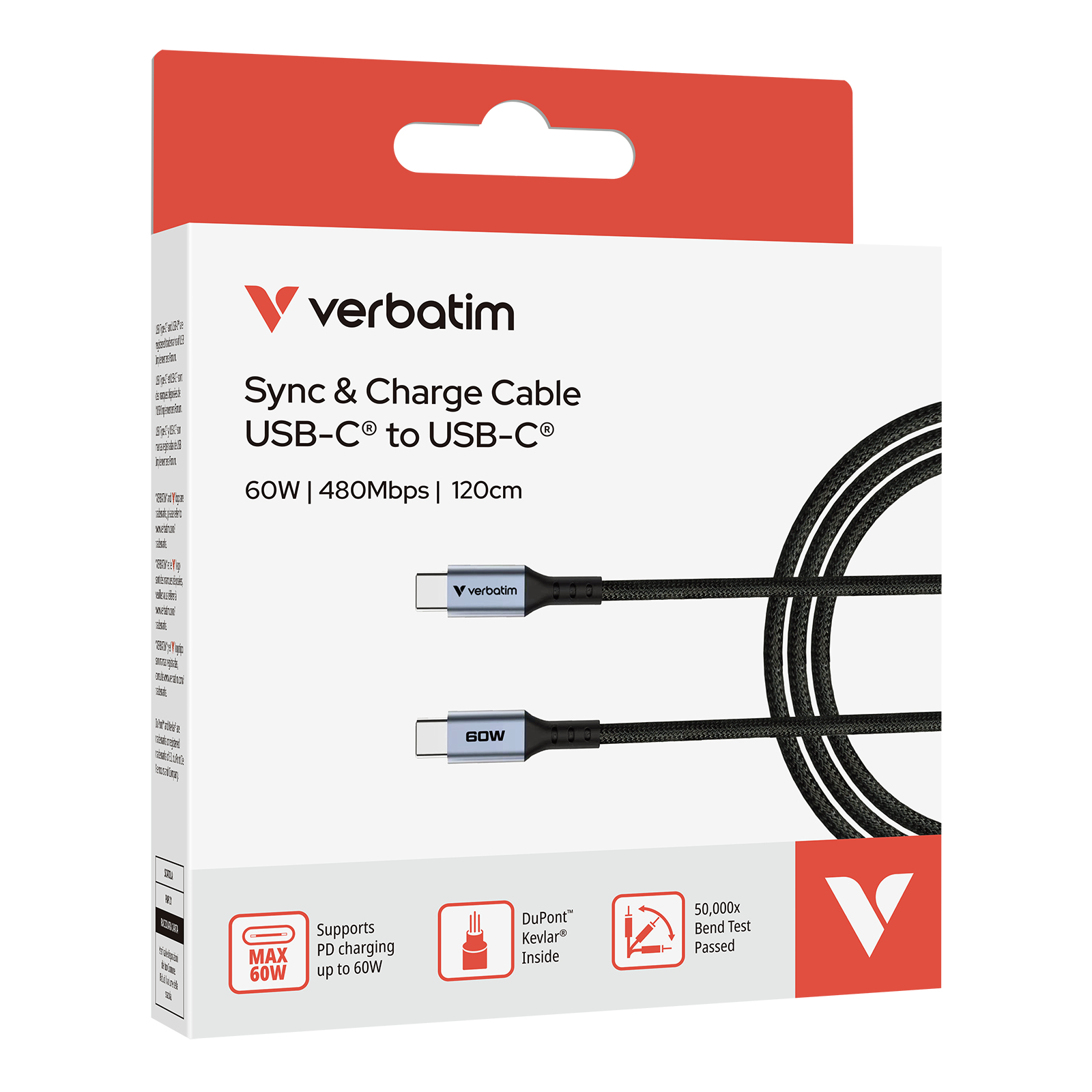 Verbatim USB-C oplaadkabel met twee connectoren, 60W, 120cm, zwart.
