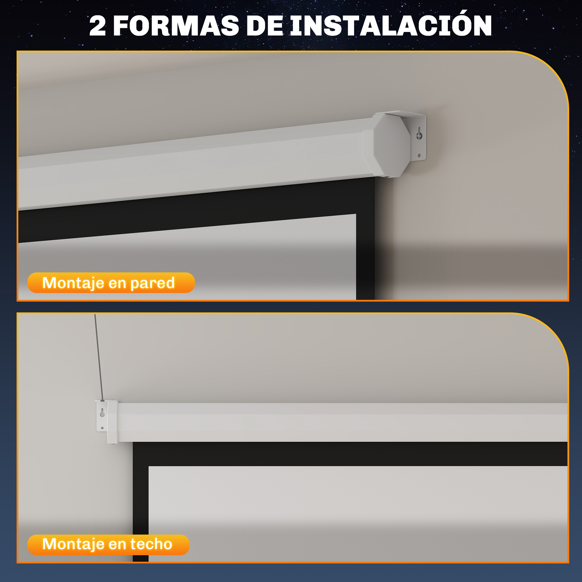 Pantalla de proyección montada en pared y techo.