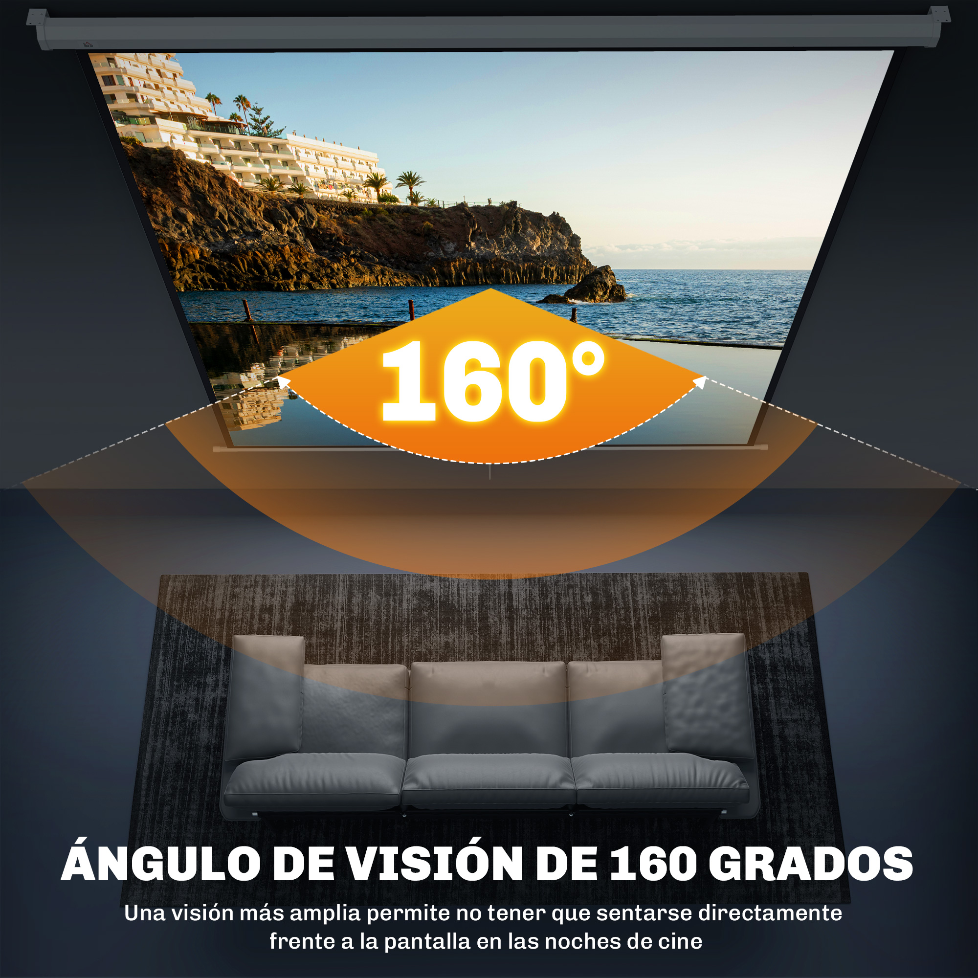 Una pantalla con vista de 160 grados sobre un sofá.
