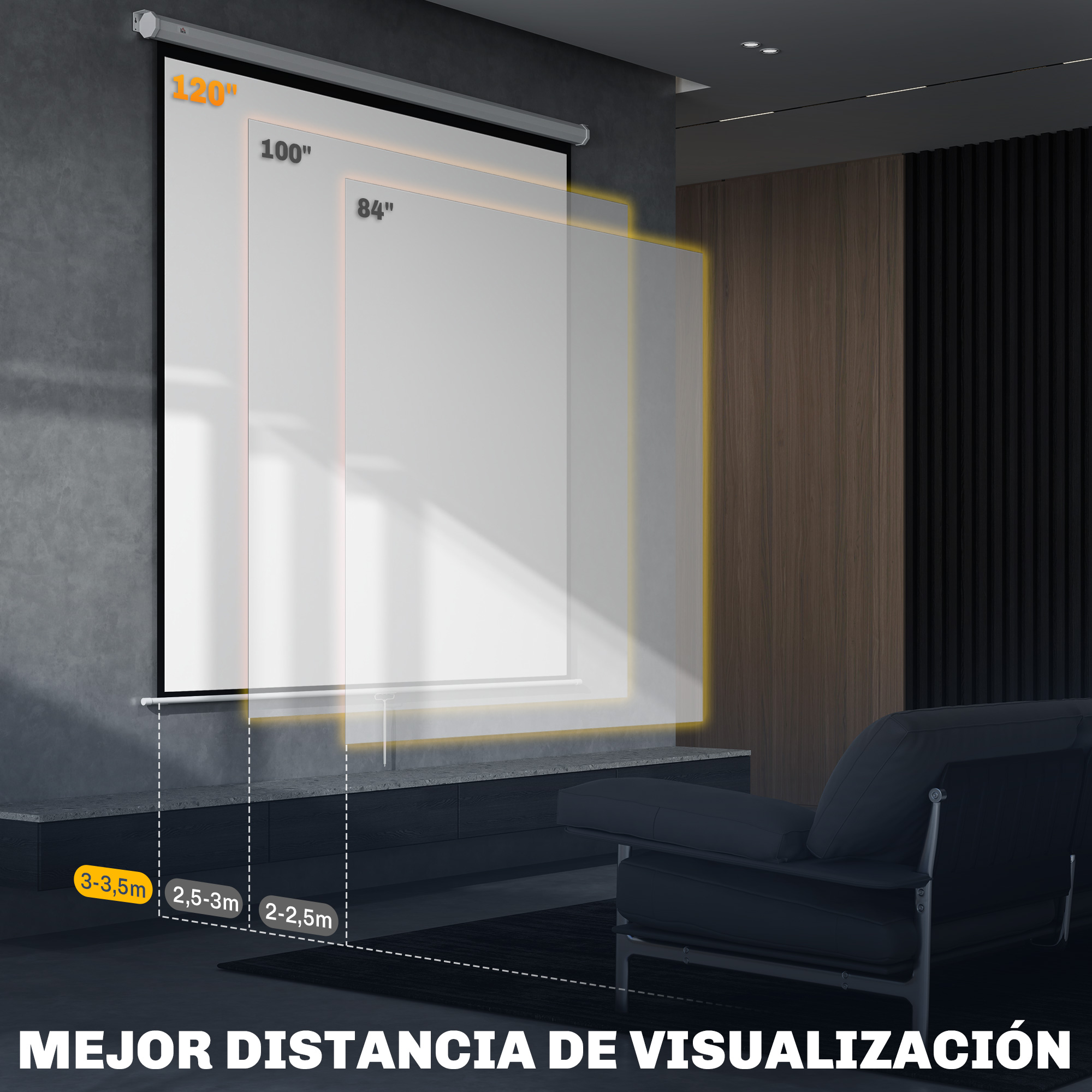 Pantallas de proyección de 84, 100 y 120 pulgadas con indicadores de distancia.