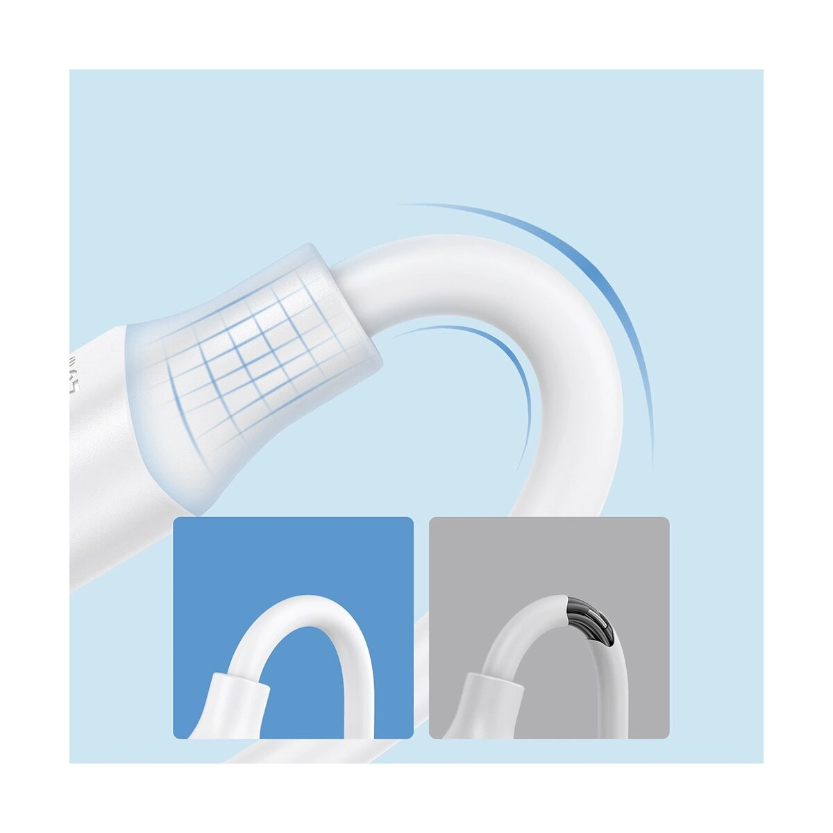 Ein weißes Kabel biegt sich, mit Detailbildern der Innenseite.