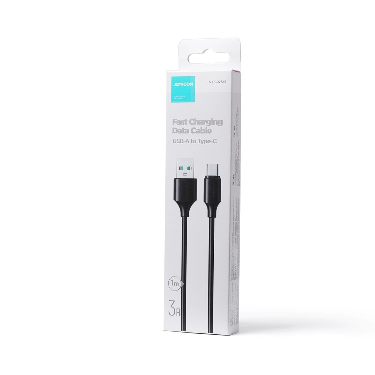Verpackung eines schwarzen USB-A-zu-Typ-C-Kabels mit 1m Länge und 3A Ladeleistung.