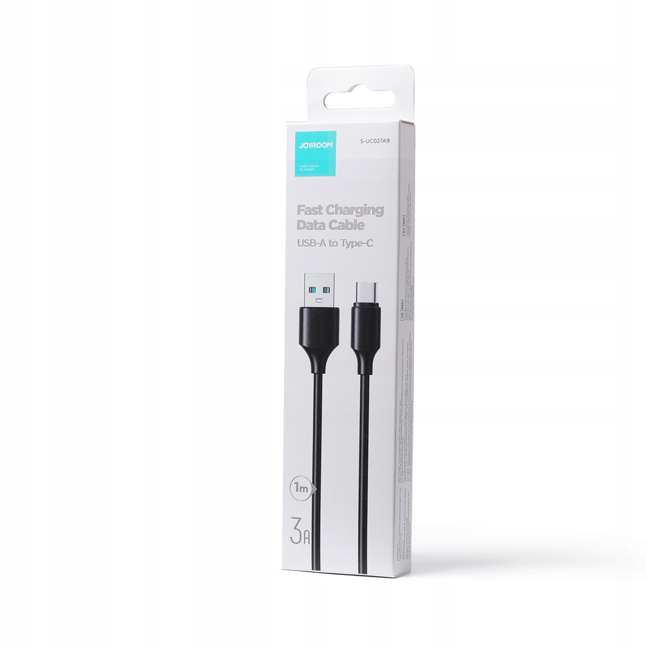 Verpackung eines schwarzen USB-A zu USB-C Ladekabels mit 1m Länge und 3A.