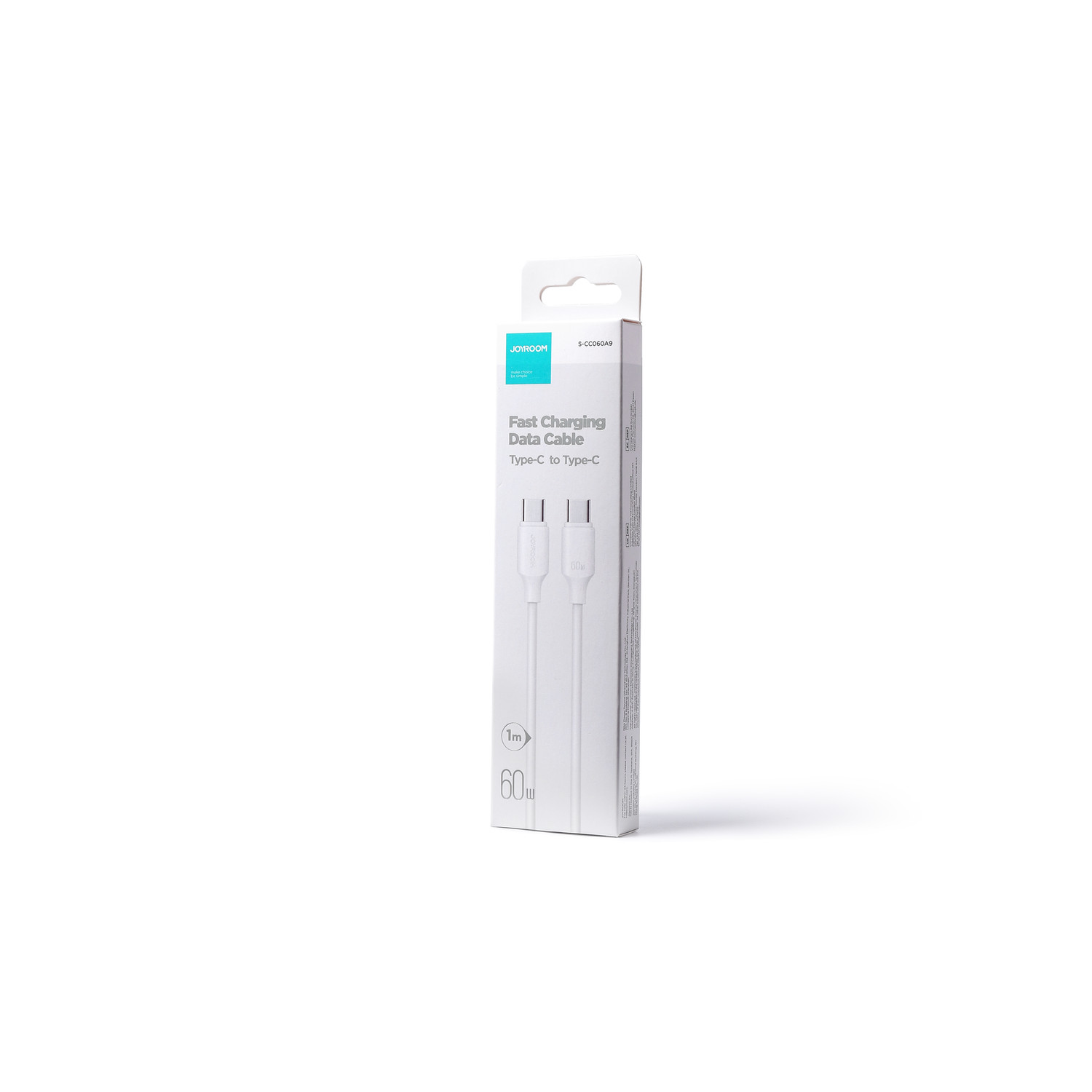 Verpackung eines weißen USB-C-zu-USB-C-Kabels mit 1 m Länge und 60 W.
