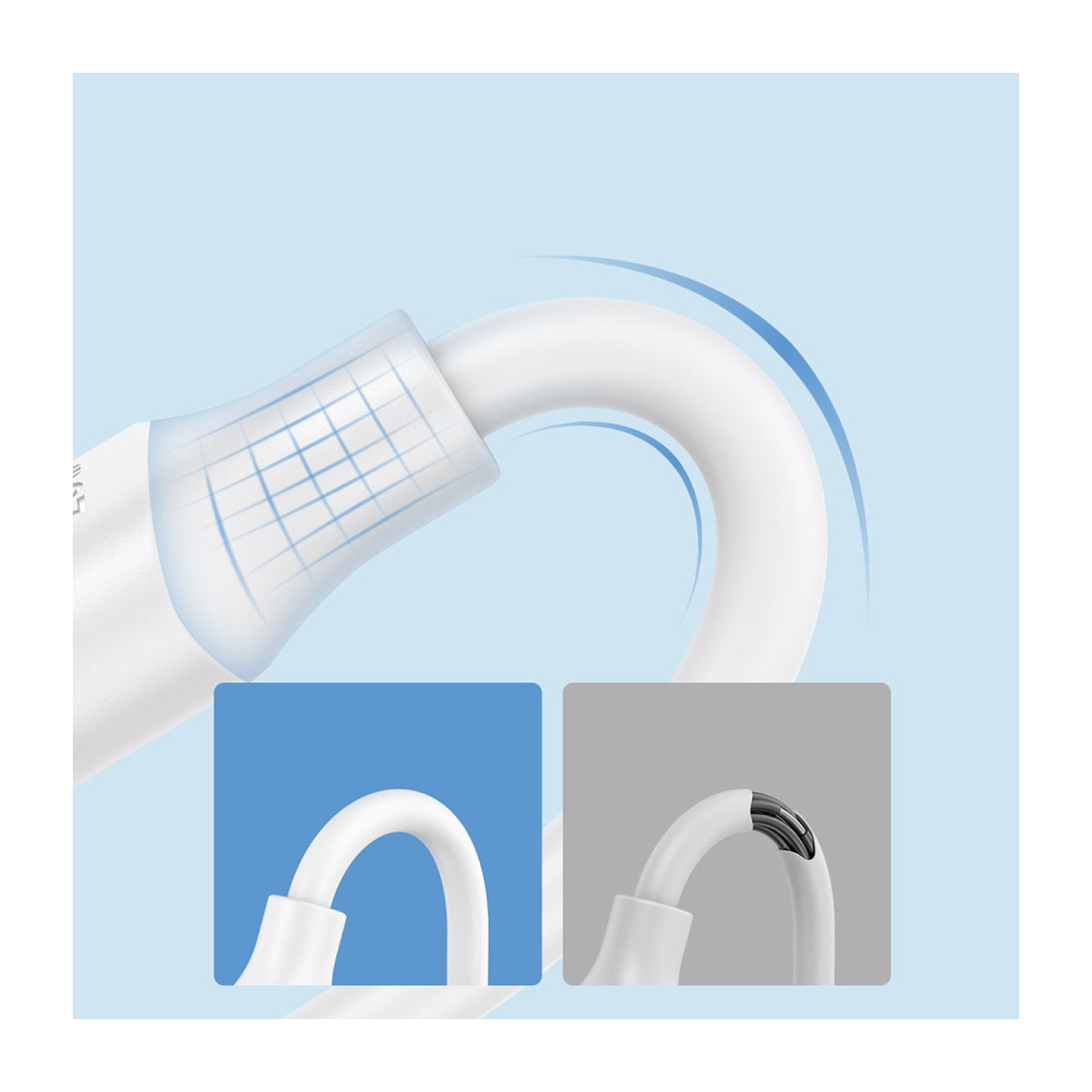 Ein weißes Kabel mit verstärktem Schutz. Ein Detail zeigt das durchgeschnittene Kabel.