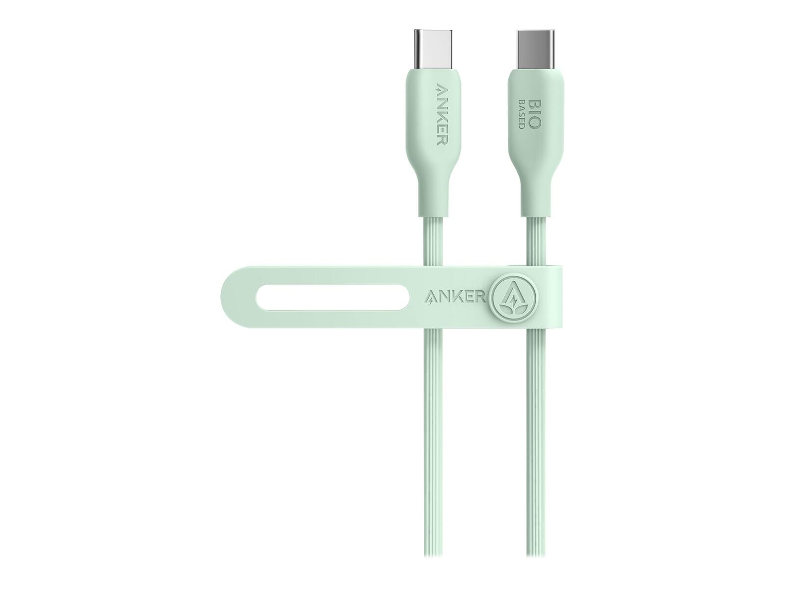 Deux câbles USB-C vert menthe avec attache.