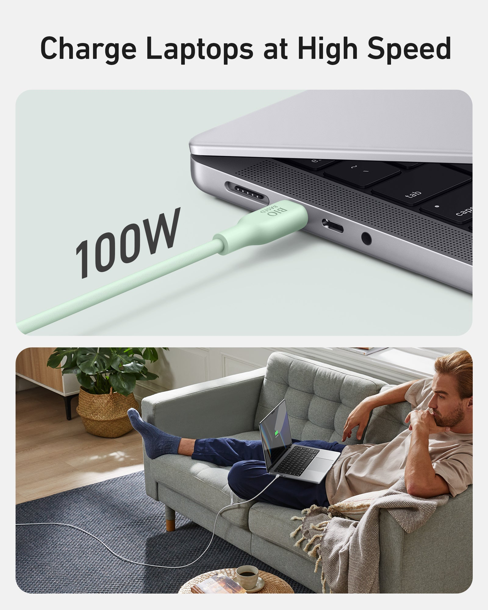 Câble menthe charge portable 100W. Homme détendu sur canapé avec portable.