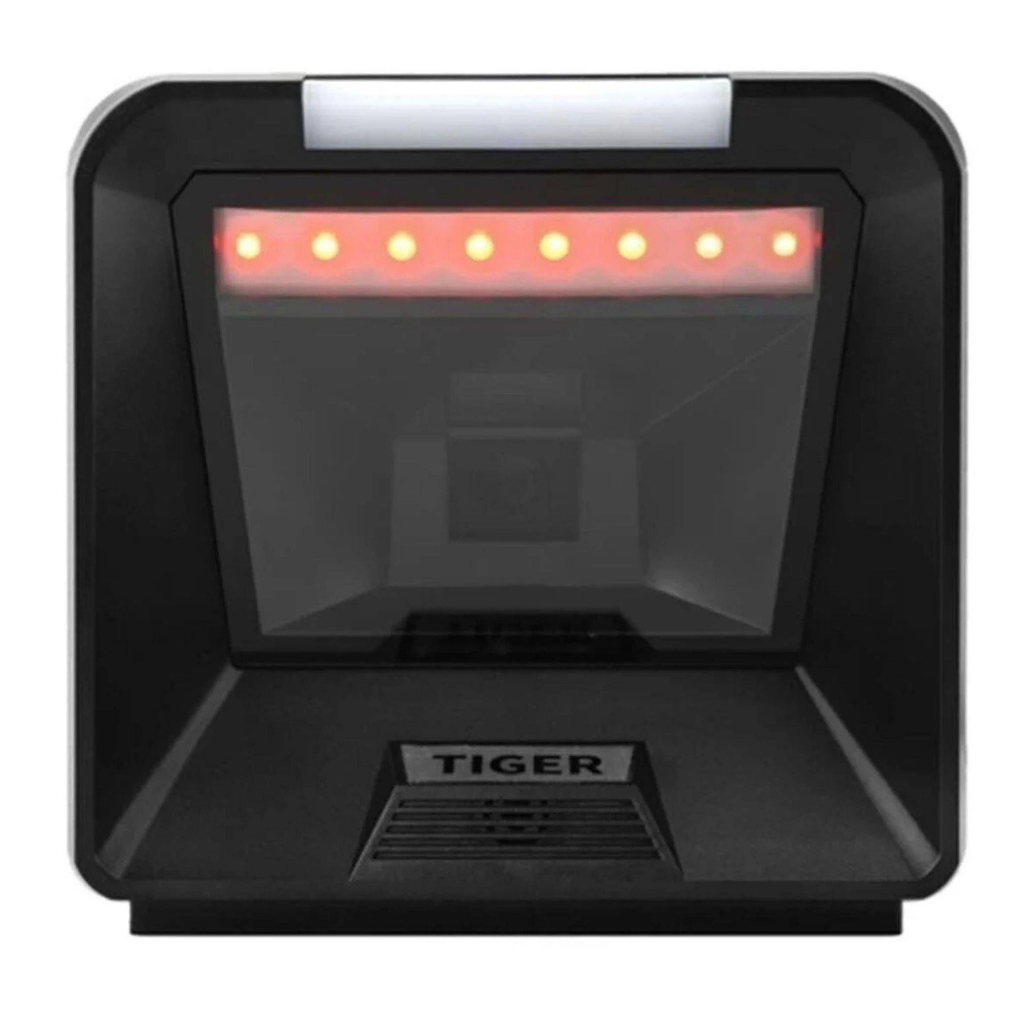 Kırmızı ışıklı ve TIGER yazılı siyah barkod okuyucu.