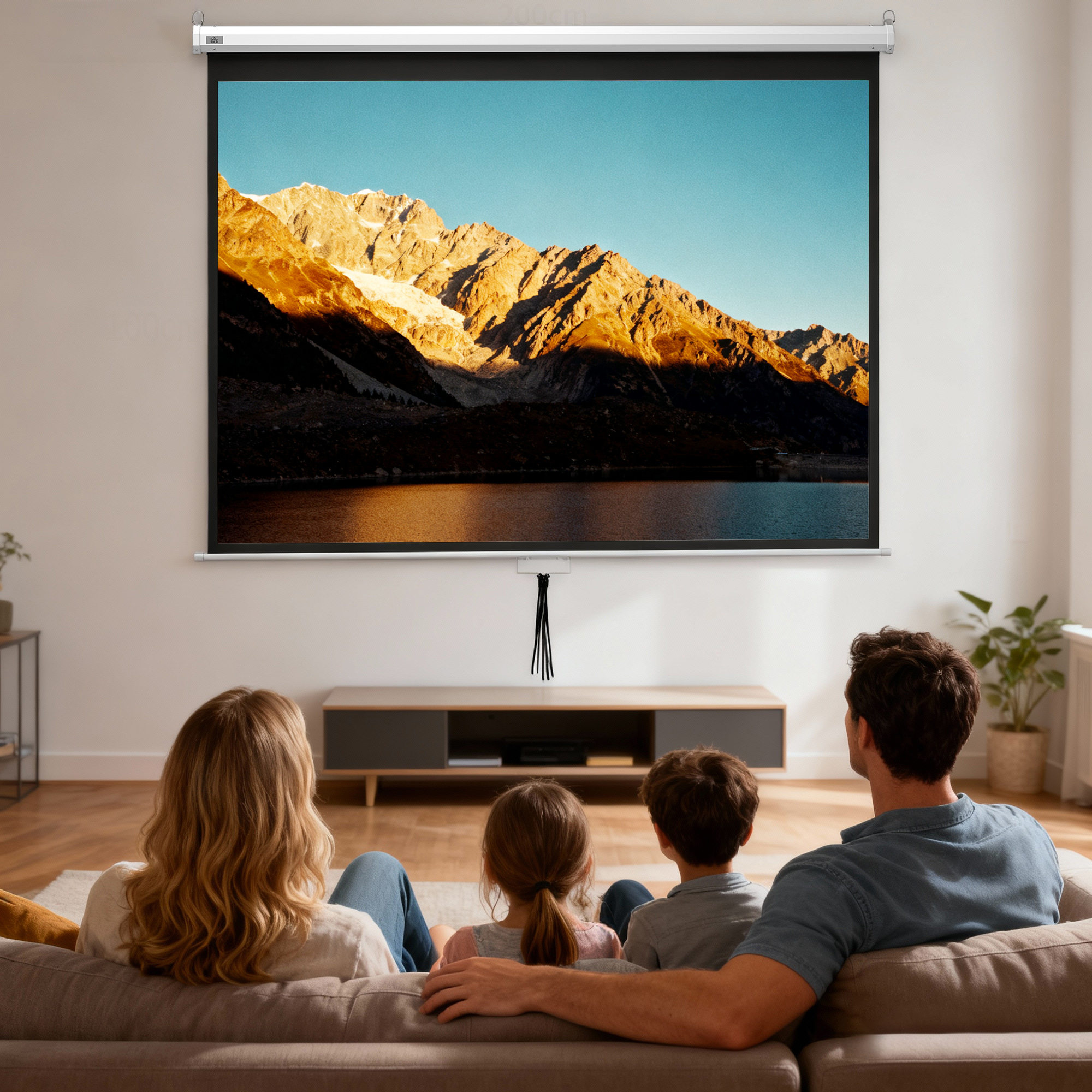 Familia mira pantalla de proyección con paisaje montañoso y lago.