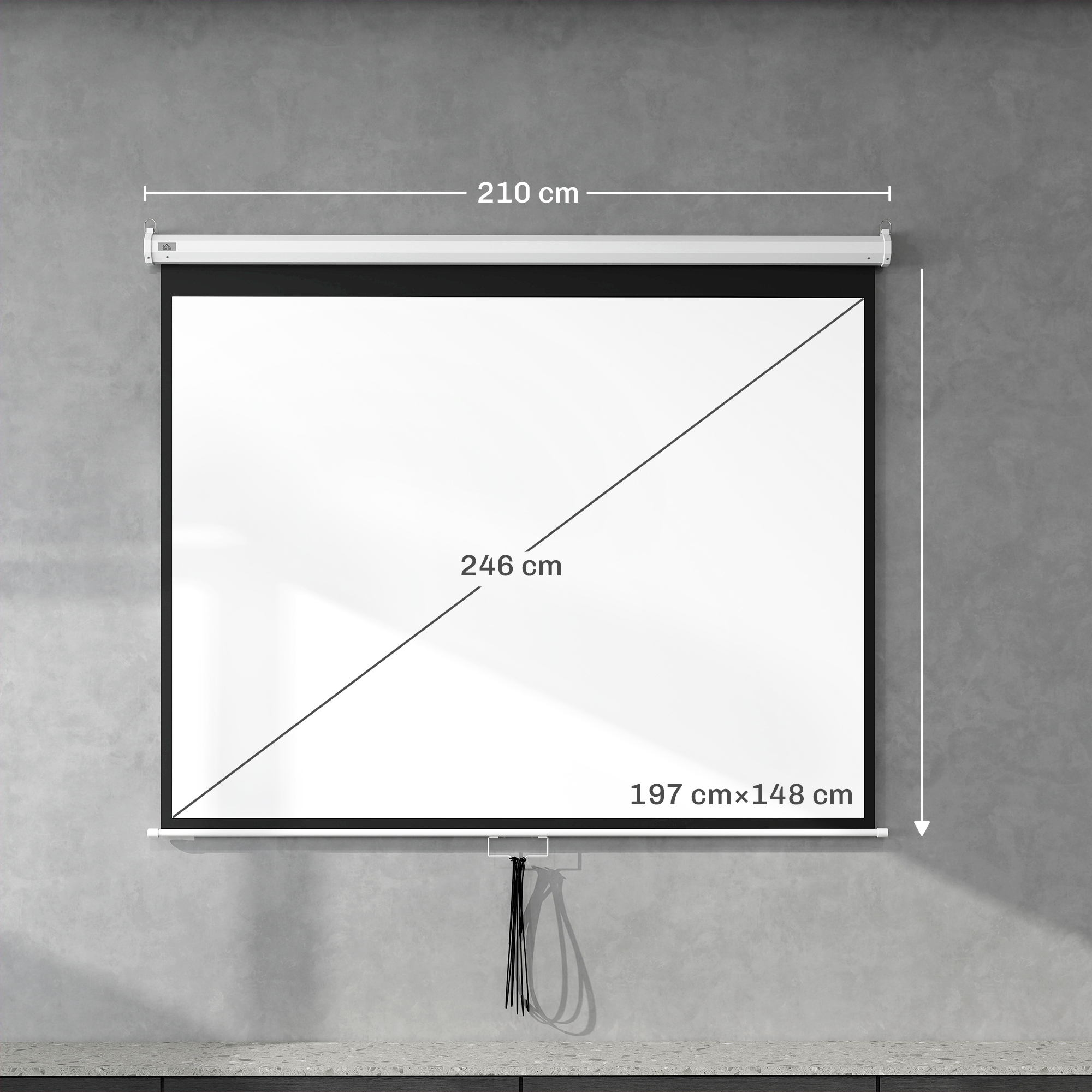 Pantalla de proyección de 210 cm de ancho, 246 cm diagonal, 197x148 cm vista en pared de hormigón.