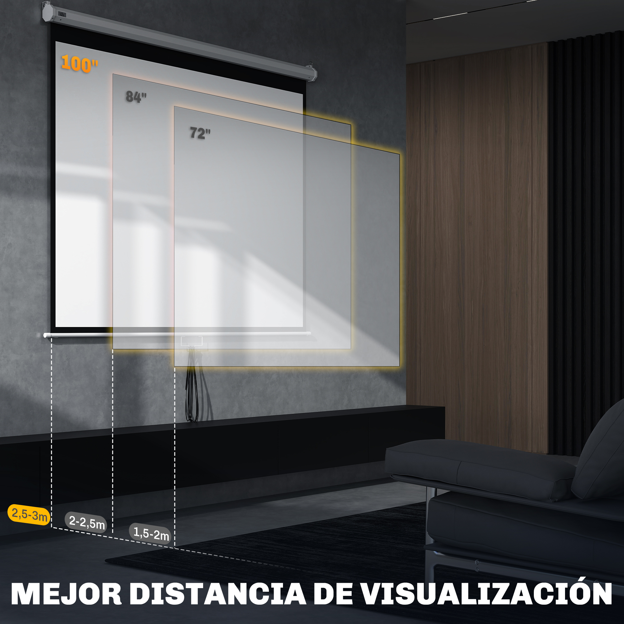 Tamaños de pantalla 72", 84", 100" con distancias recomendadas.