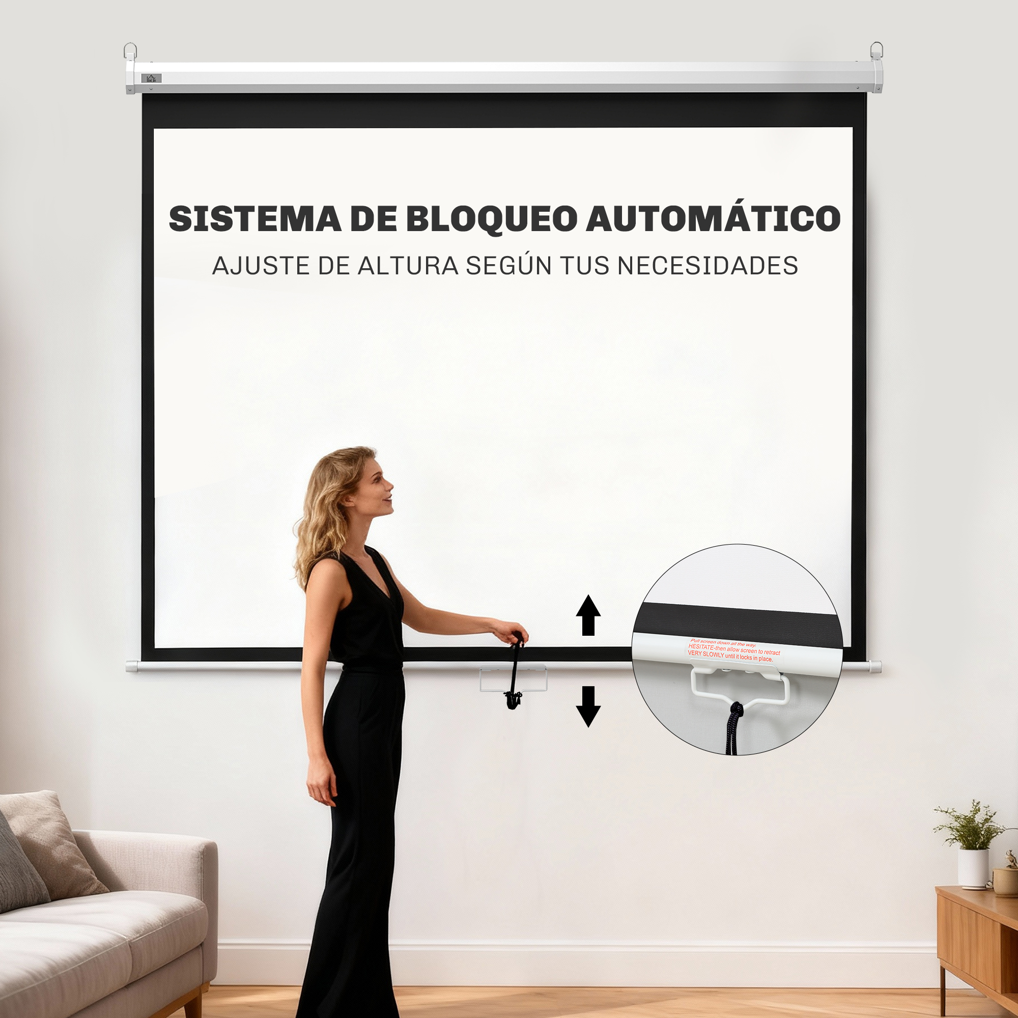 Una mujer con vestido negro opera una pantalla con sistema de bloqueo automático.