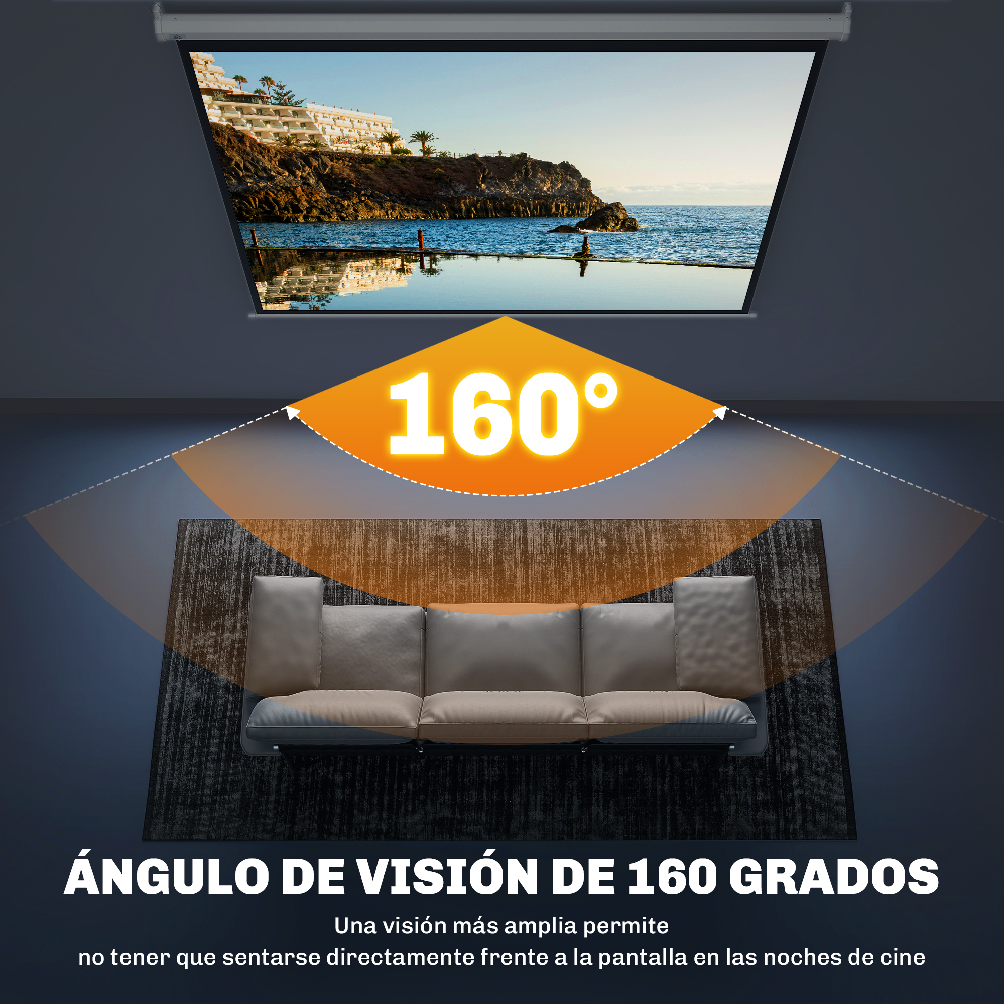 Pantalla de proyección con ángulo de visión de 160 grados sobre un sofá.